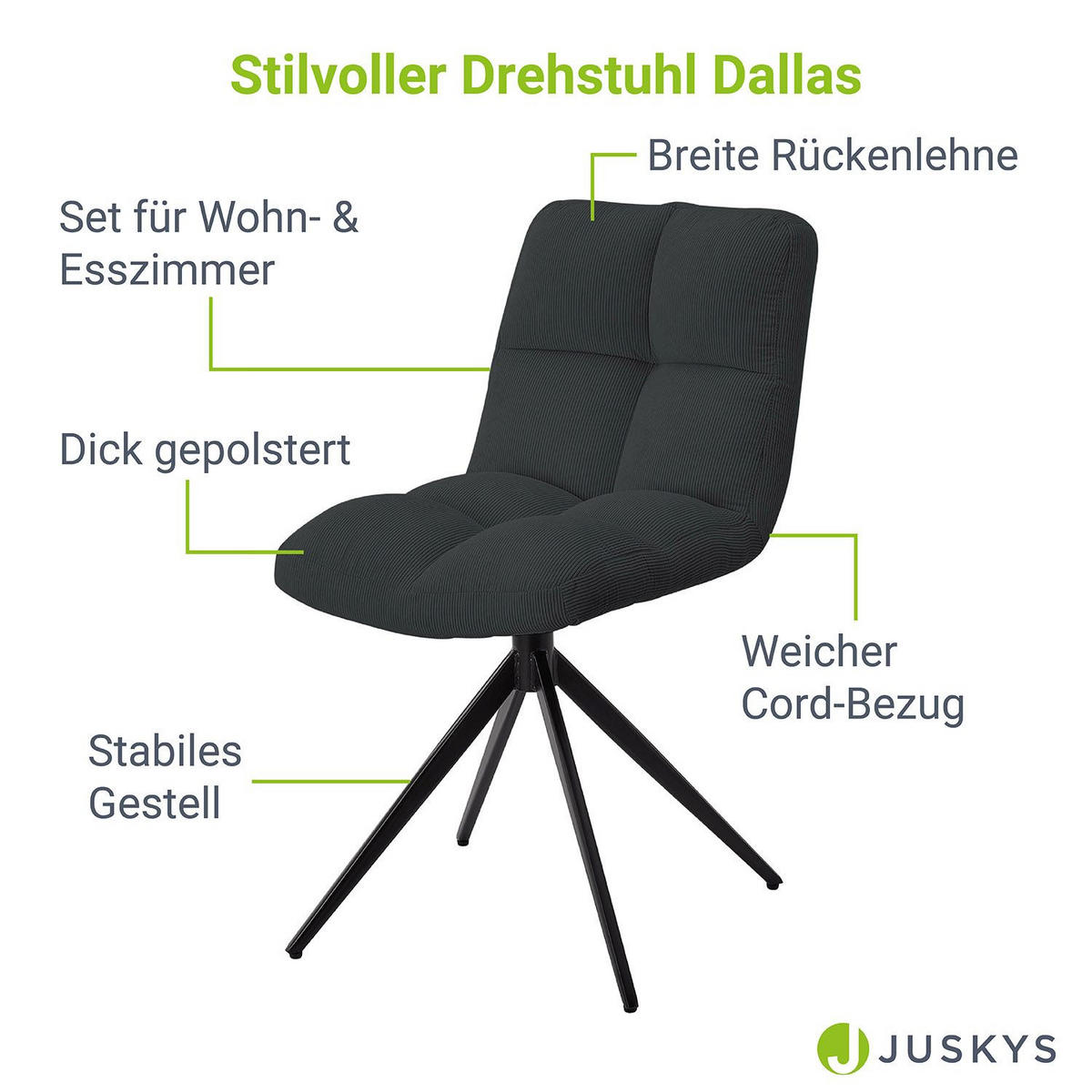 DREHSTUHL Dallas cord dunkelgrau (2er-Set) - Dunkelgrau, Textil (45/84/45cm) - Juskys