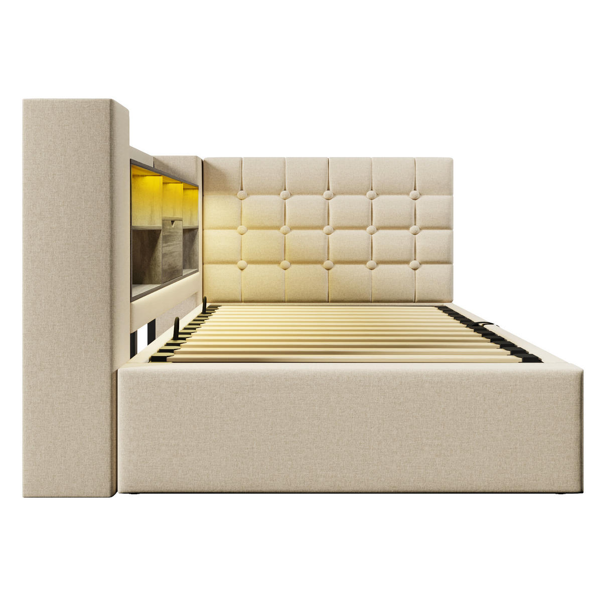 KINDERBETT 90/200 cm DE-01141, in Beige, mit LED, L-Kopfteil und Matratze - Beige, Metall (90/200cm) - ComfortXL