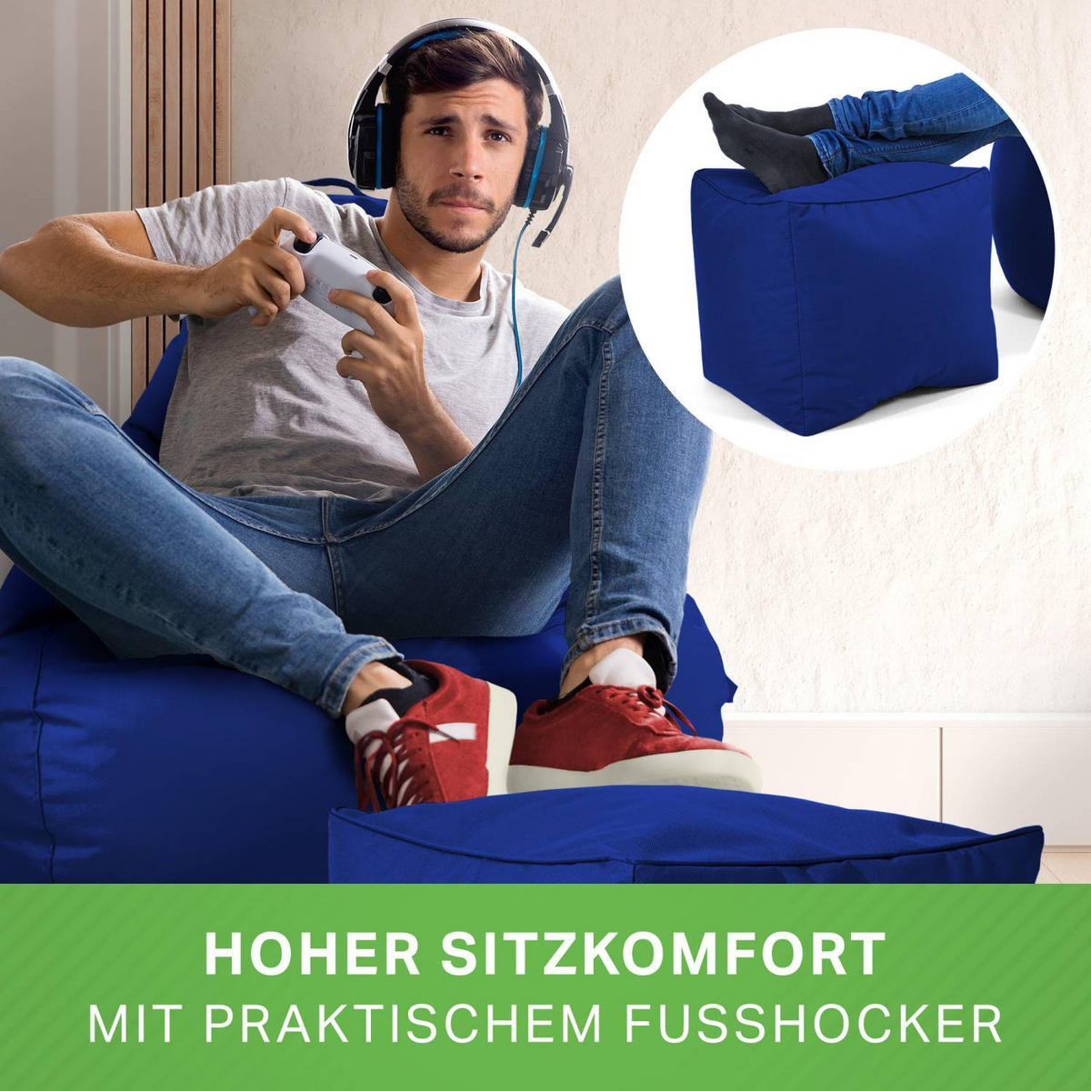 SITZSACK + Hocker "Cozy+Cube" 2er Set - Blau, Textil (70/90/80cm) - Green Bean