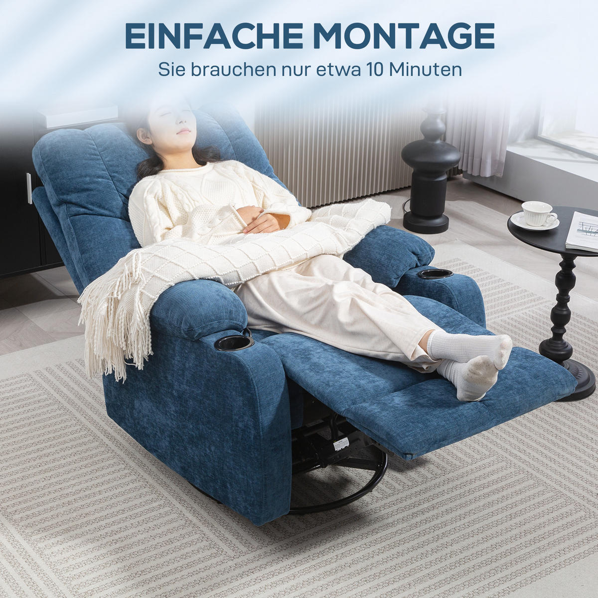 RELAXSESSEL Drehbar Fernsehsessel mit Liegefunktion, Schaukelfunktion Dunkelblau - Blau/Schwarz, Textil/Metall (96/108/88cm) - HOMCOM
