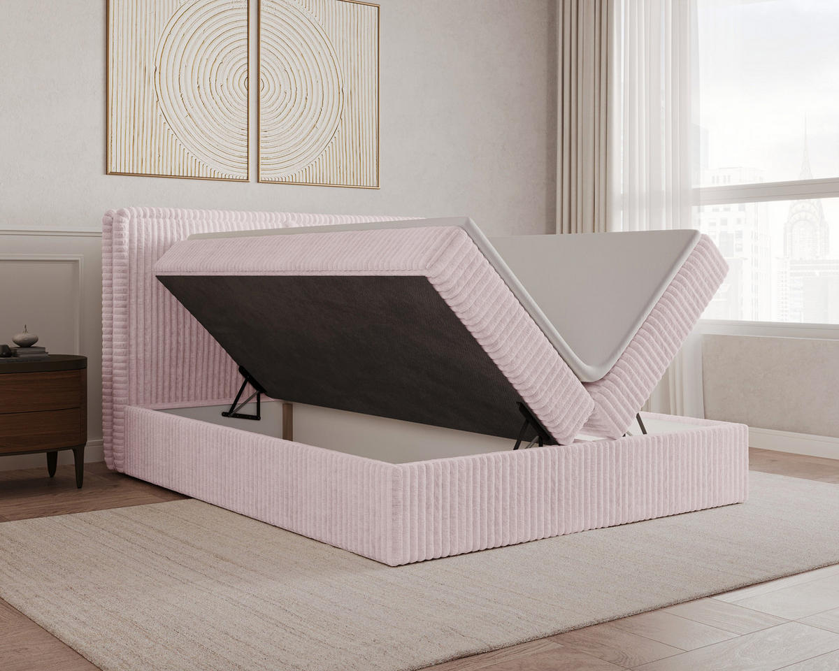 BOXBETT 04 140 x 200 cm - Ambience – Modernes Polsterbett mit Bettkasten, Topper und gepolstertem Kopfteil, Stoffbezug, Stauraumbett - Rosa, Holz (140/200cm) - ROYAL24_MARKT