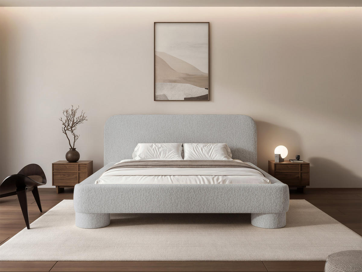 POLSTERBETT Frederico 140x200 cm Aschgrau Chenille – (Doppelbett mit Bettkasten, Lattenrost, rundes Kopfteil) - Hellgrau, Holz/Holzwerkstoff (140/200cm) - Ravio