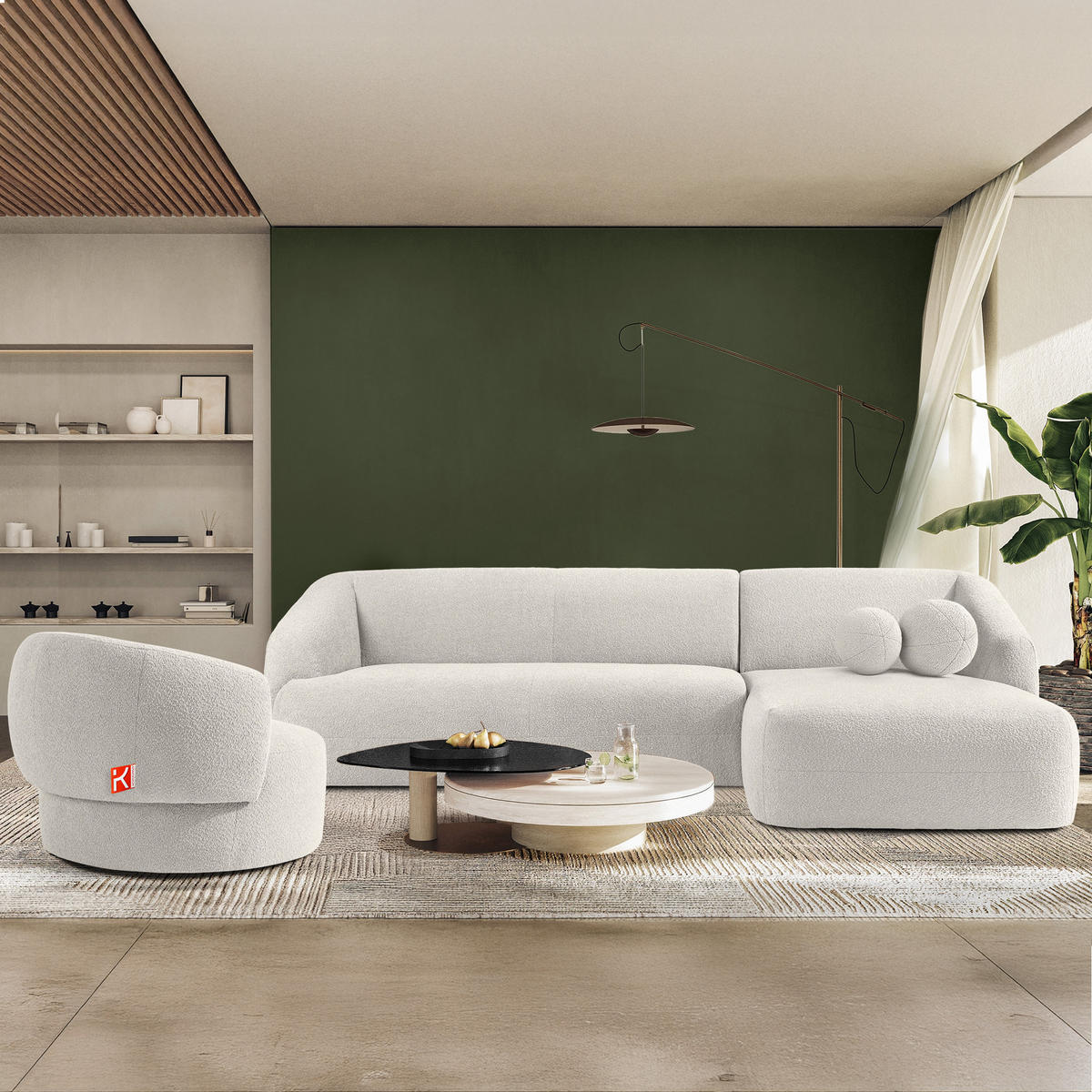ECKSOFA RECHTS VIRA, Weiß, Bouclé - Schwarz/Weiß, Holz/Holzwerkstoff (300/160cm) - KONSIMO®