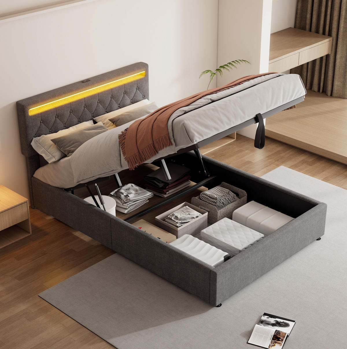 POLSTERBETT mit Stauraum, LED und USB 140x200 cm Leinen Grau - Grau, Metall (140/200cm) - Meubliv