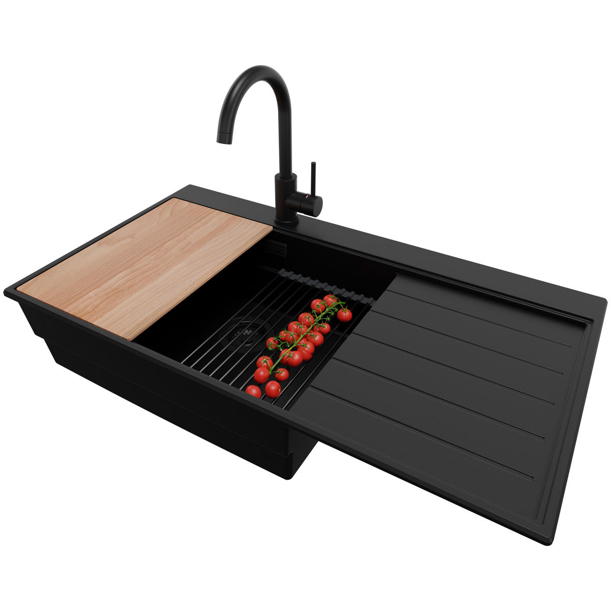 GRANITSPÜLE Sydney, 2-er set Alles Schwarz 90/50 cm 1 Becken + Küchenarmatur 32/20 cm + Ablauf-Set + Küchenzubehörset ab 60er Unterschrank - Beige/Schwarz, Kunststoff (90/20/50cm) - Primagran