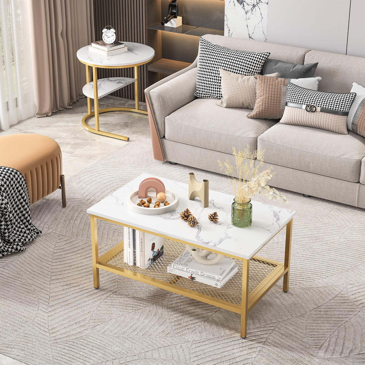 COUCHTISCH-SET 2-teilig Marmor-Optik mit goldenem Metallrahmen - Weiß, Metall (132/52/51cm) - DELFA