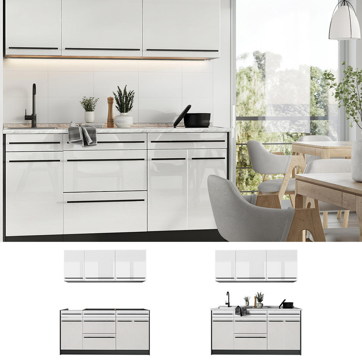 SINGLEKÜCHE R-Line, Weiß Hochglanz/Anthrazit, 160 cm ohne Arbeitsplatte - Weiß Hochglanz/Anthrazit, Holzwerkstoff (160/81.6/46cm) - Vicco