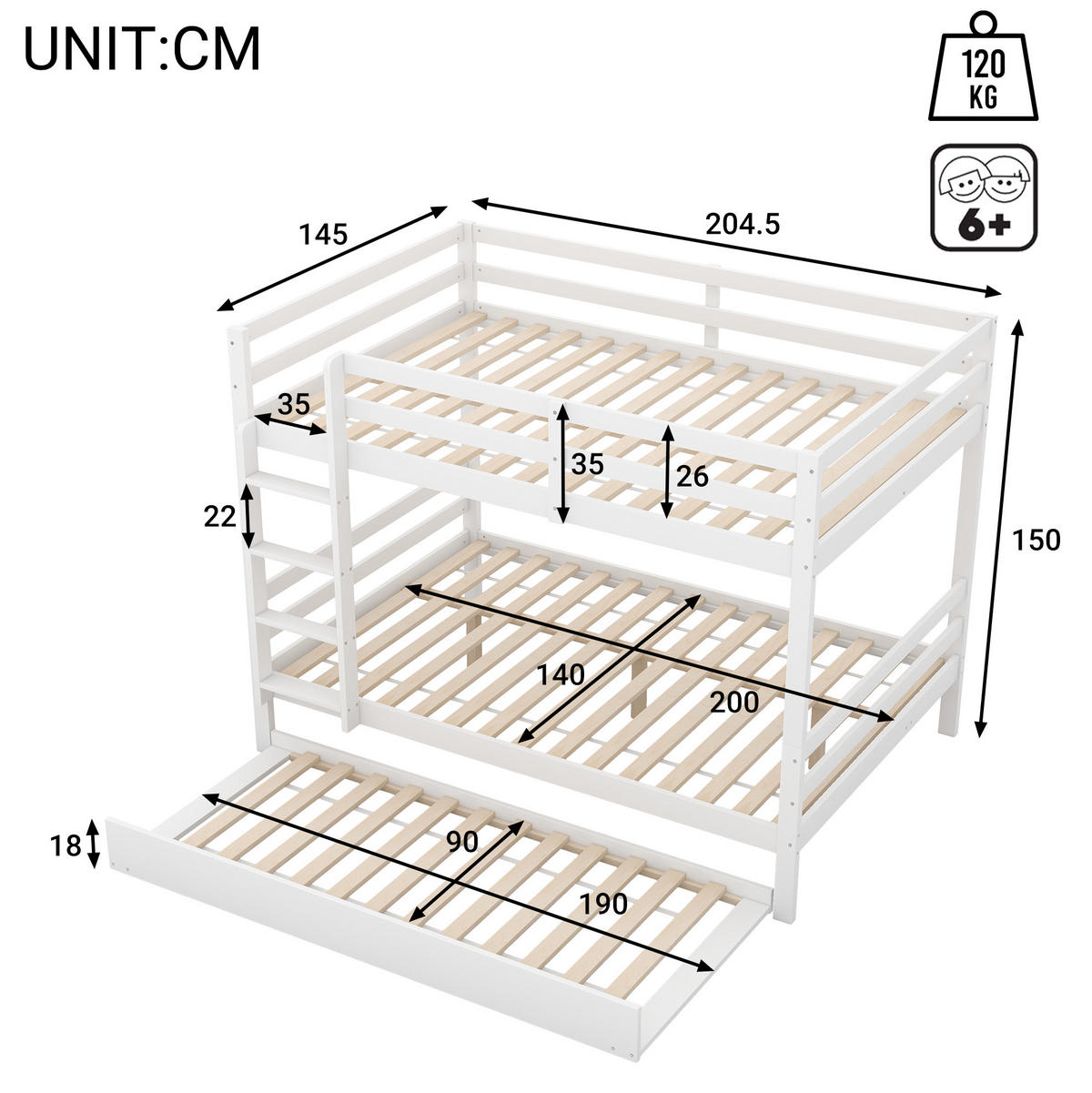 ETAGENBETT aus Kiefernholz 140x200 cm Weiß mit Ausziehbett, hoher Absturzsicherung und stabiler Treppe - Weiß, Holzwerkstoff (140/200cm) - Modfu