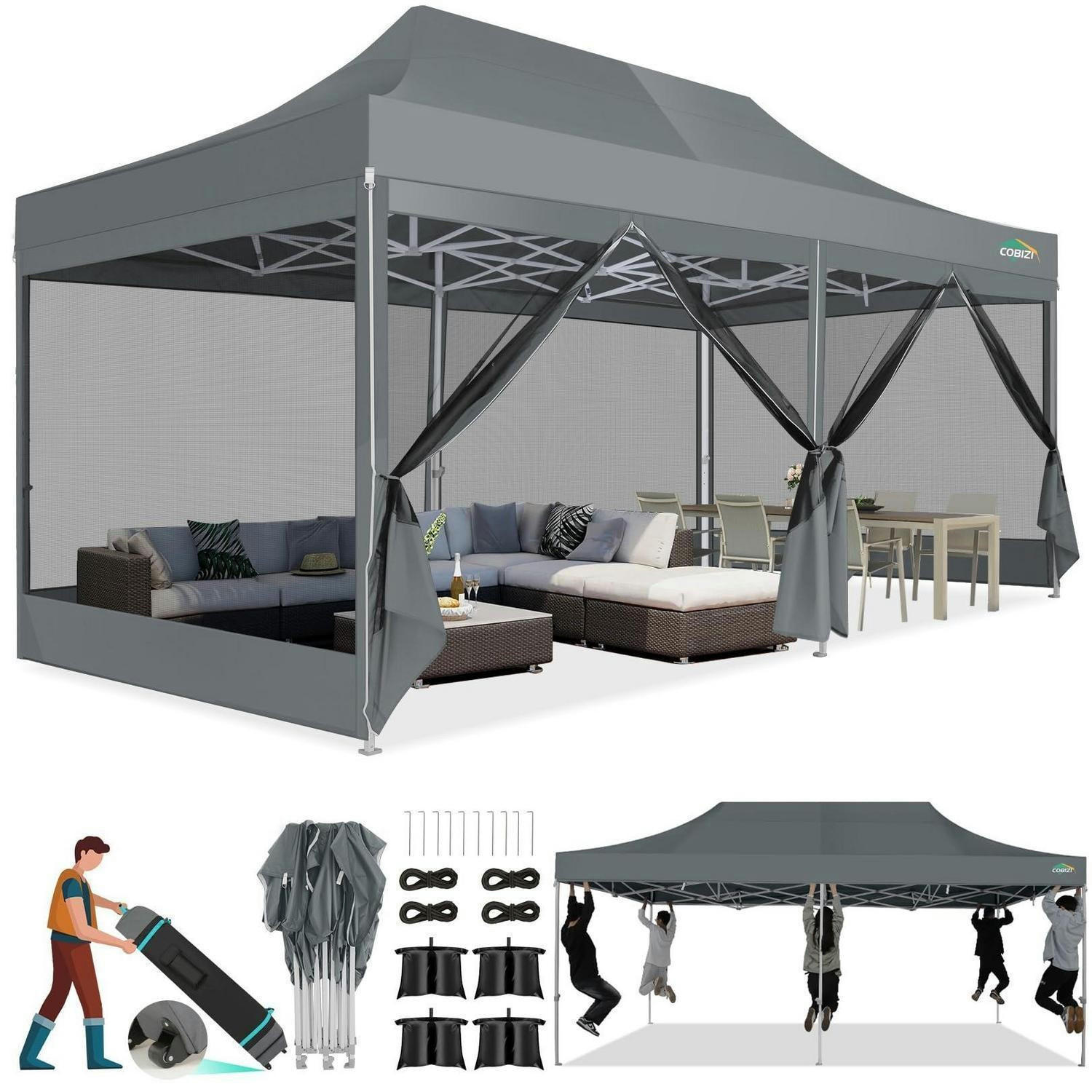 FALTPAVILLON 3 x 6 m mit Moskitonetz Grau - Grau, Textil (300/275/600cm)