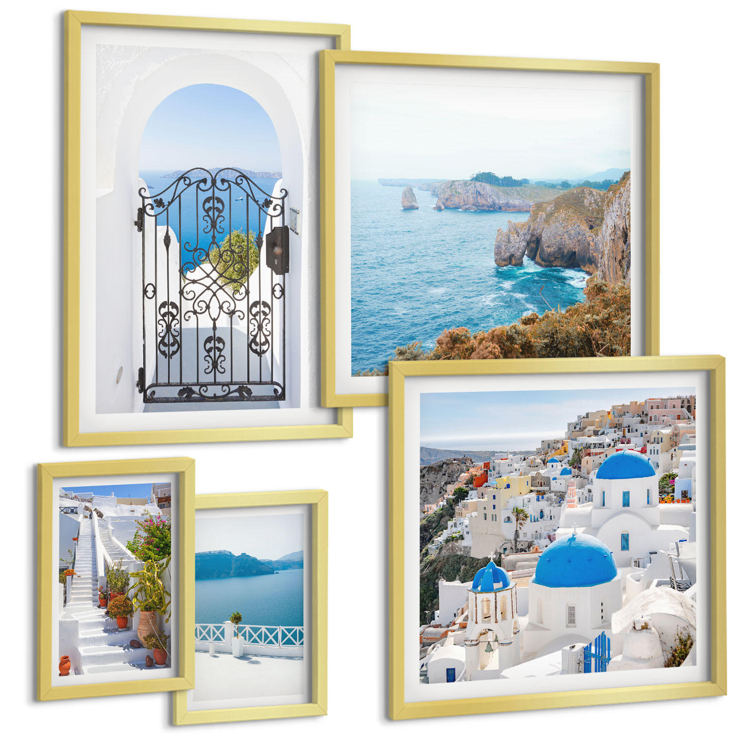 BILDER SET 5er Set - 50x50 cm & 20x30 cm & 40x60 cm Goldrahmen - Weiße Treppenpflanzen Meer - Goldfarben, Kunststoff (40/60cm) - TULUP