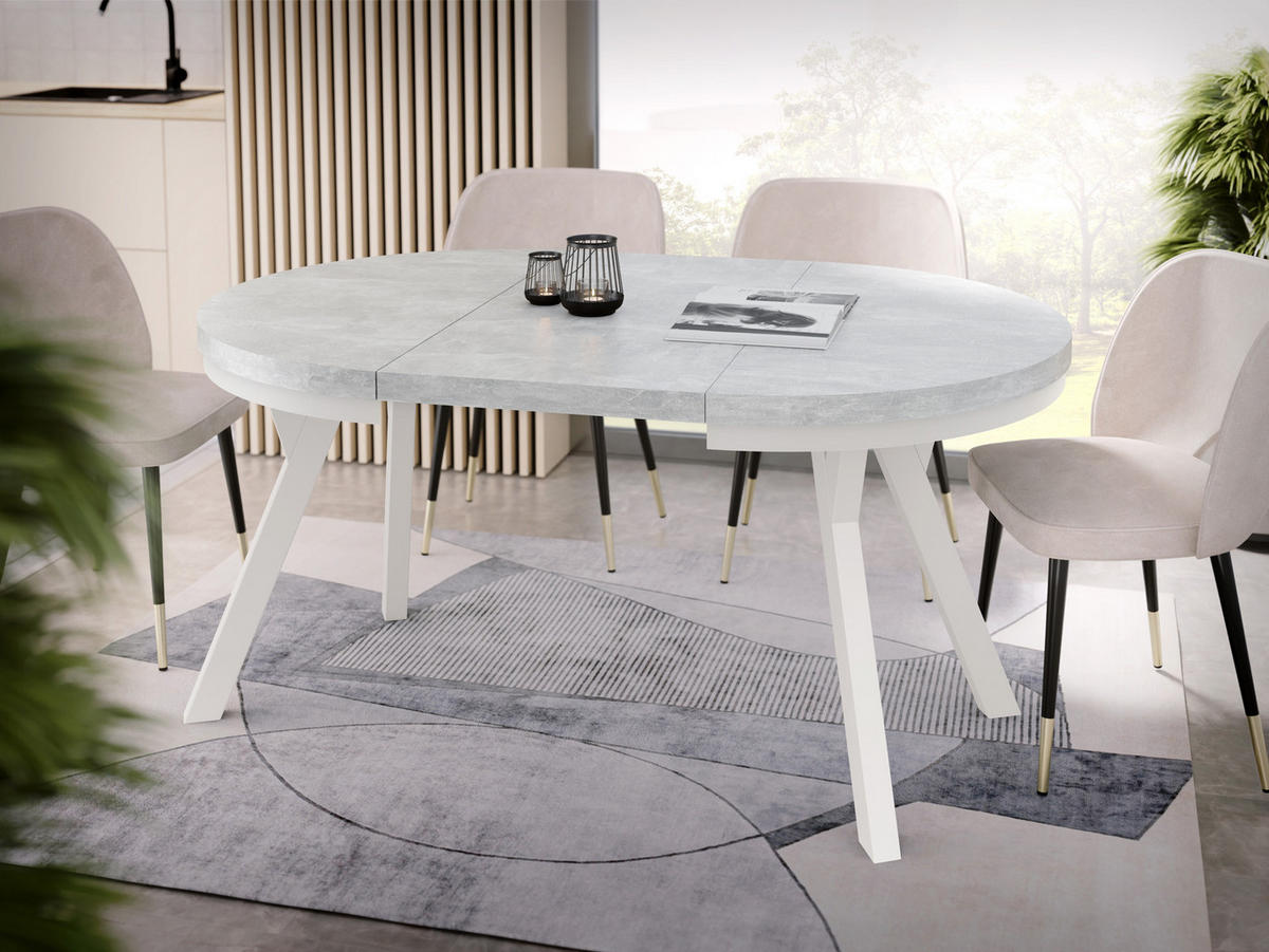 ESSTISCH Lume Weiß runder ausziehbarer, Grauer Beton 100-150/100/76 cm - Hellgrau/Weiß, Holz/Holzwerkstoff (100/100/76cm) - WFL GROUP