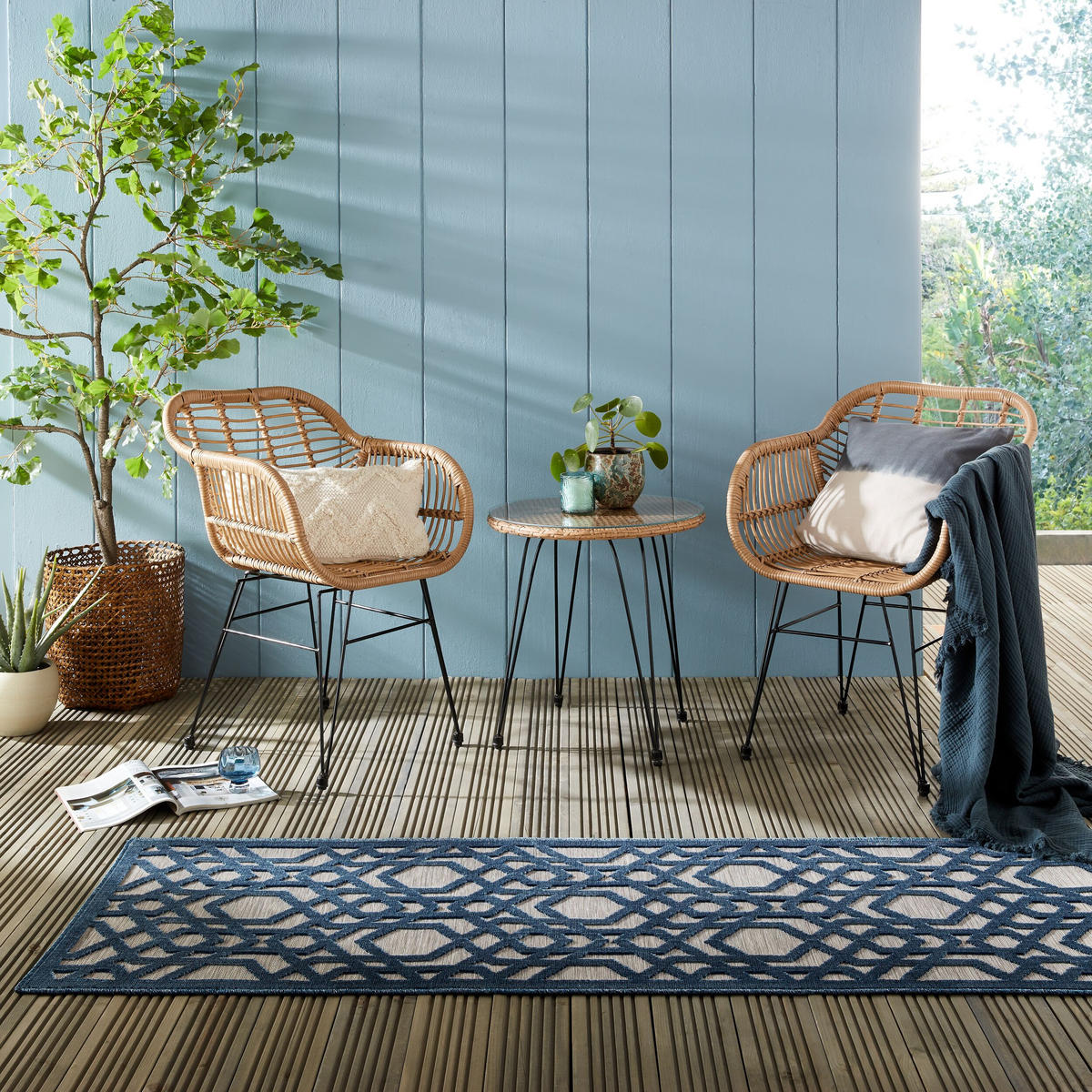 OUTDOOR-TEPPICH Marokkanisches-Mosaik, winterfest STOUR LIAM, Blau-Grau 66x230 cm - Blaugrau, Textil (66/230cm) - KADIMA DESIGN