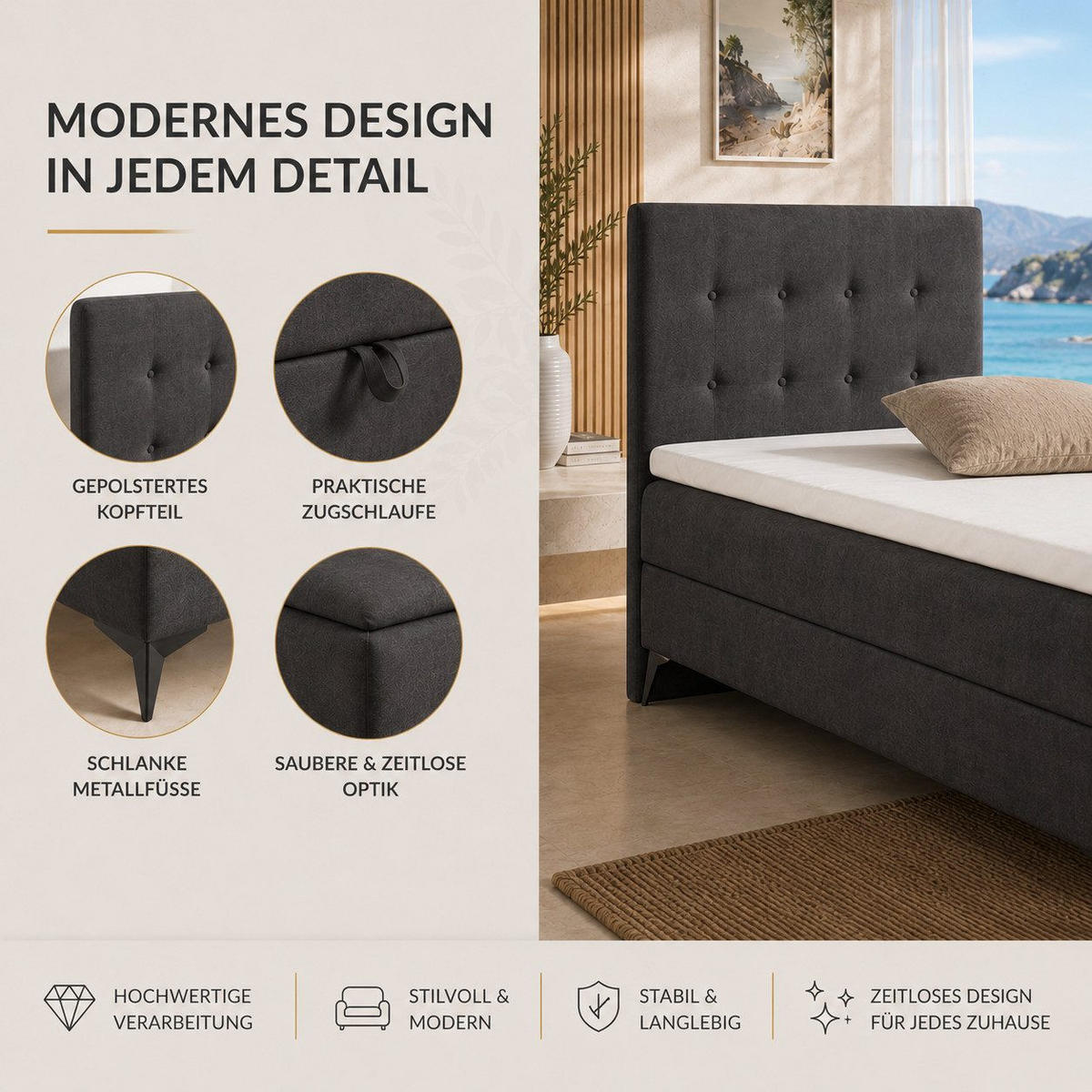 BOXBETT K15 Single SLIM mit Bettkasten & Bonell-Federkern inkl. Topper - Dunkelgrau, Holz/Textil (200/90cm) - Best For Home