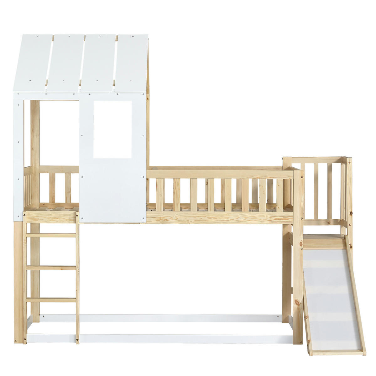 ETAGENBETT Hausbett mit Rutsche, Dach und Fenster, Natur/Weiß, 90/200 cm - Naturfarben, Holz (90/200cm) - MIVRAY