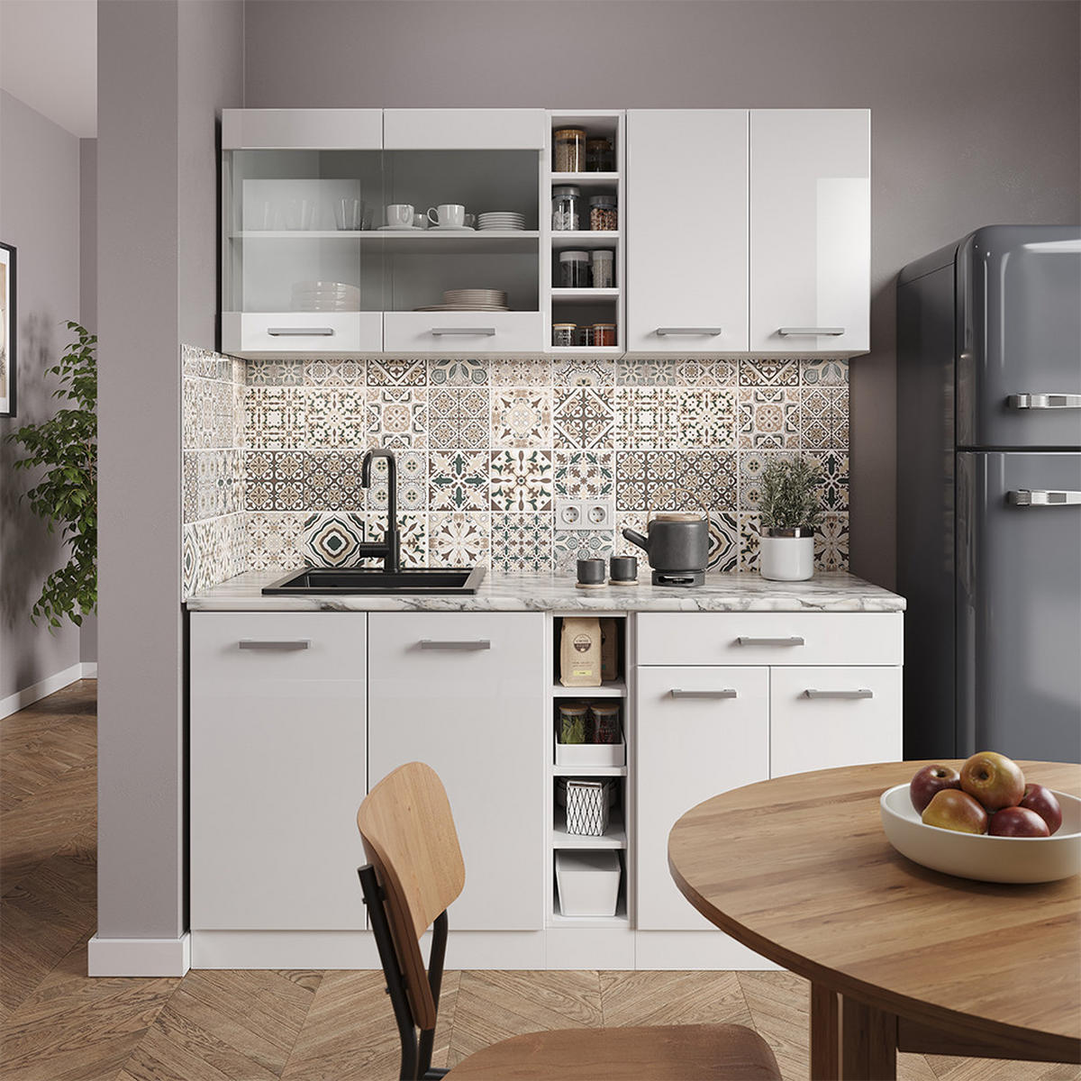 SINGLEKÜCHE R-Line Weiß Hochglanz/Weiß 160 cm, AP Marmor - Weiß Hochglanz/Weiß, Holzwerkstoff (160/81.6/60cm) - Vicco