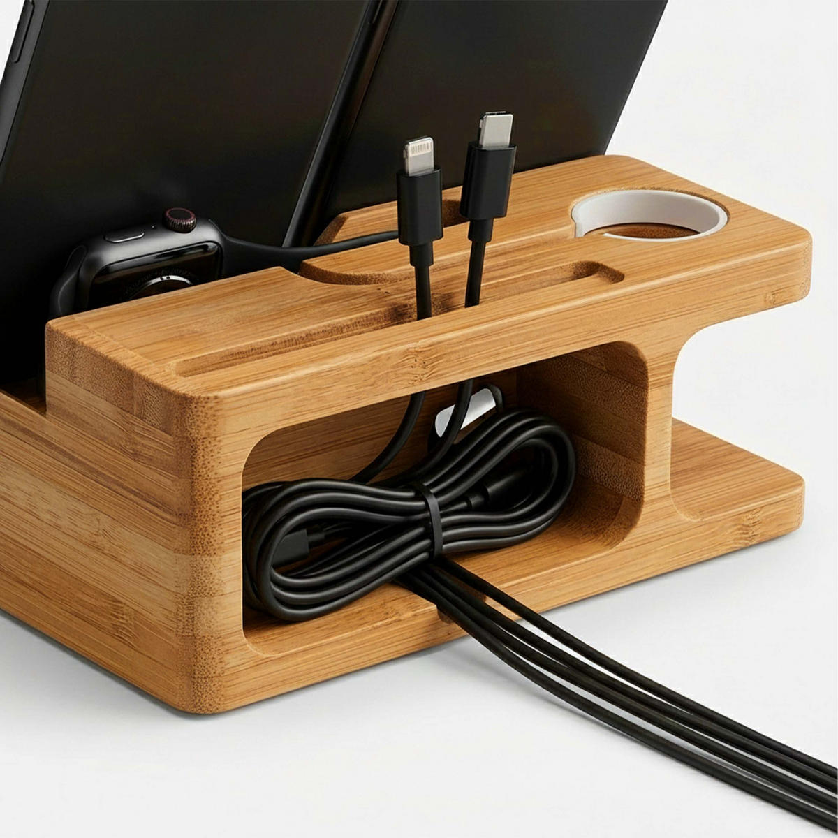 LADDSTATION natur bambu för smartphone och smartwatch 6x14x6,5 cm - Ljusbrun, Trä (6.5/14/6cm) - Relaxdays