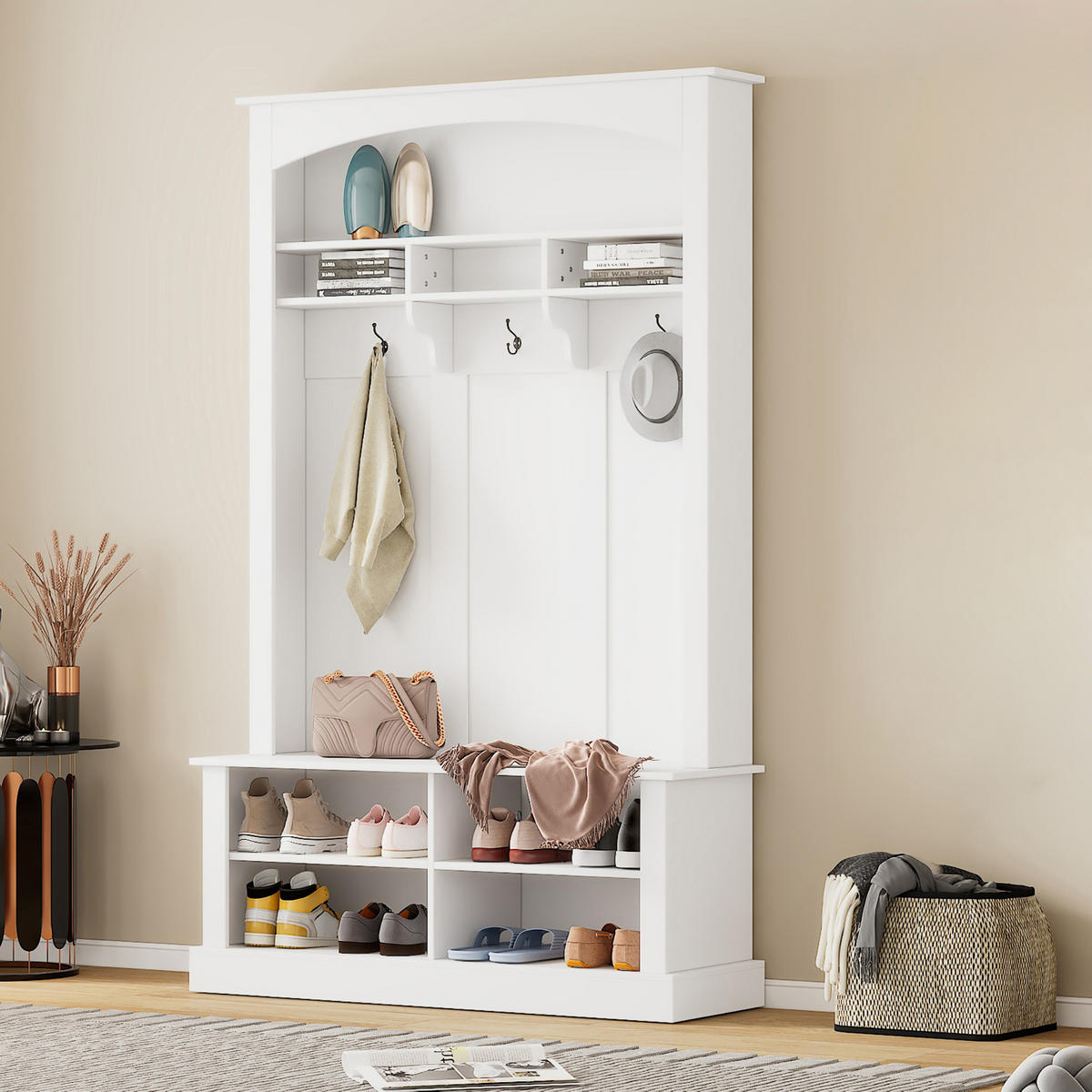 STANDGARDEROBE mit Sitzbank und Schuhablage in Weiß, 120/40/190 cm - Weiß, Holzwerkstoff (40/190/120cm) - BEAOK