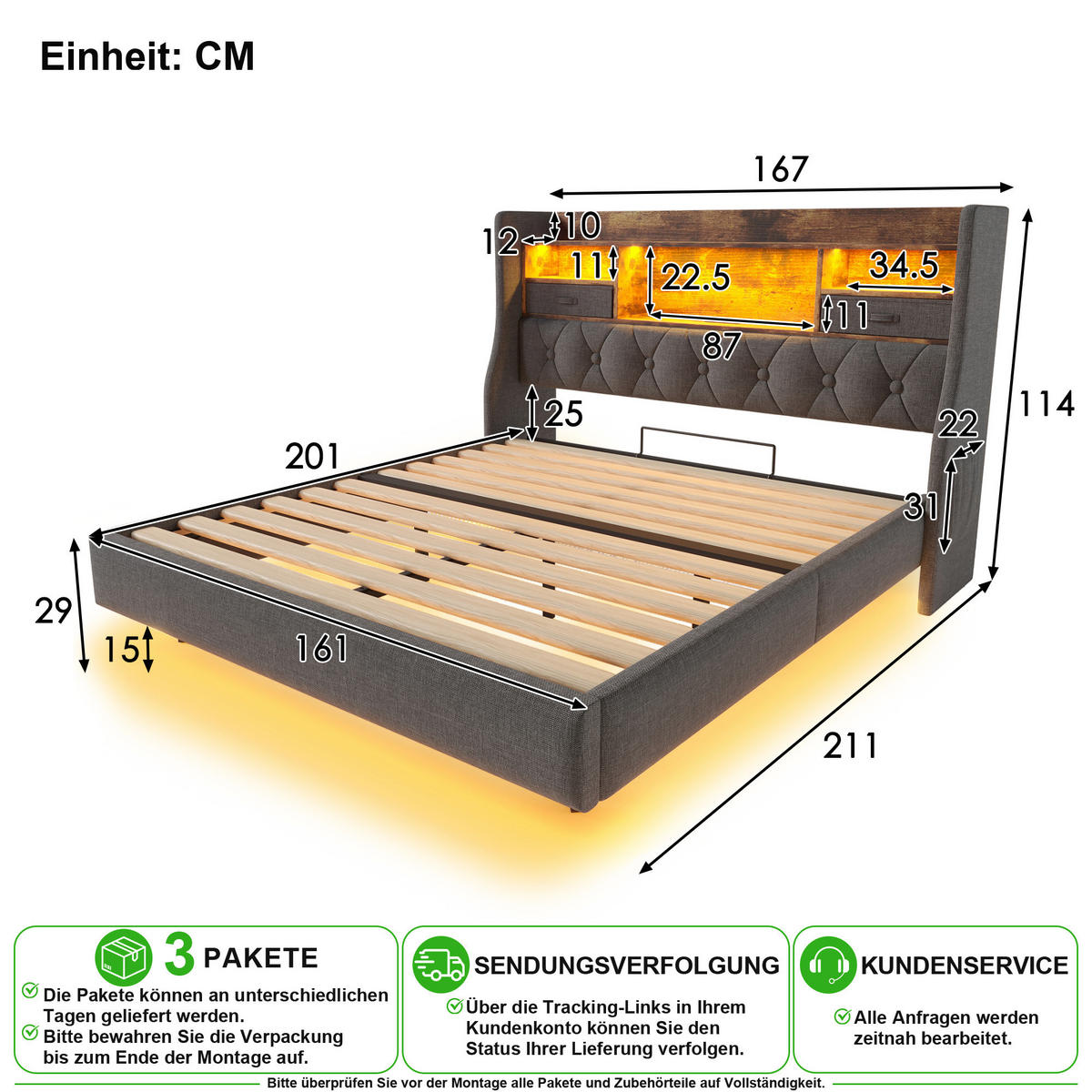 POLSTERBETT 160/200 cm in Grau Leinen mit LED, USB, Type-C und Matratze - Grau, Holzwerkstoff/Textil (160/200cm) - CHICFURN