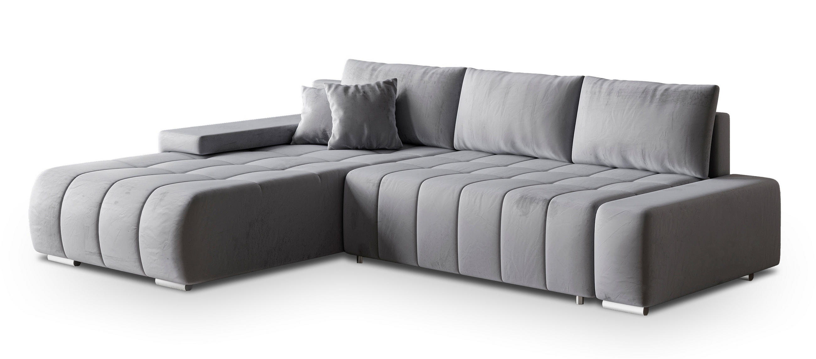ECKSOFA ALESE L-S Hellgrau Velours-Stoff mit Schlaffunktion - Hellgrau, Holz (265/185cm) - MASSENO