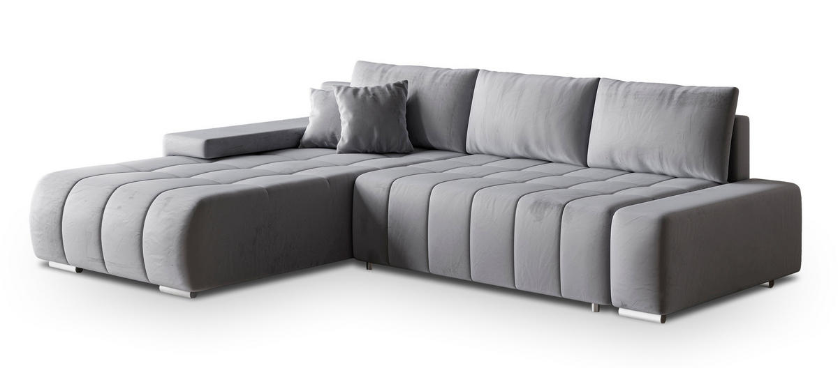 ECKSOFA ALESE L-S Hellgrau Velours-Stoff mit Schlaffunktion - Hellgrau, Holz (265/185cm) - MASSENO