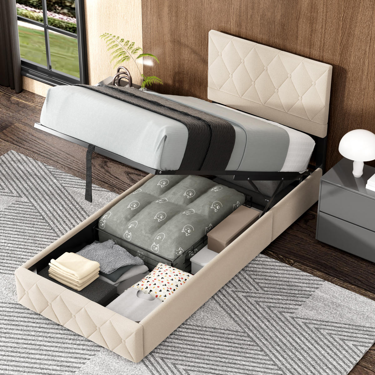 POLSTERBETT 90x200cm Beige mit Knopfnahtverzierung-Kopfteil, mit Bettkasten und Lattenrost - Beige, Holzwerkstoff/Textil (90/200cm) - EVRYAE