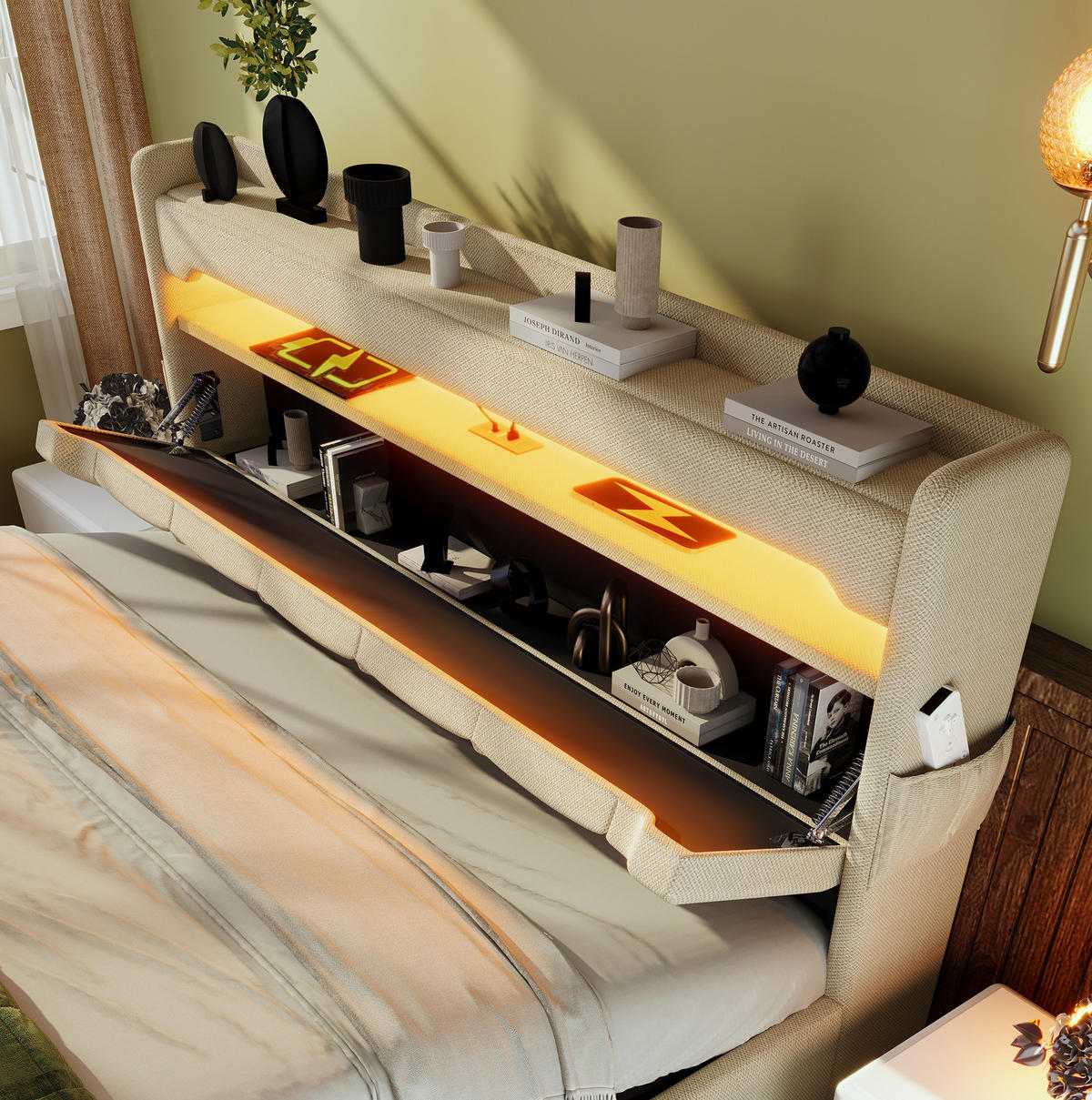 POLSTERBETT 180/200 cm Beige aus Leinen mit LED und Stauraum - Beige, Textil (180/200cm) - OKMYHOME
