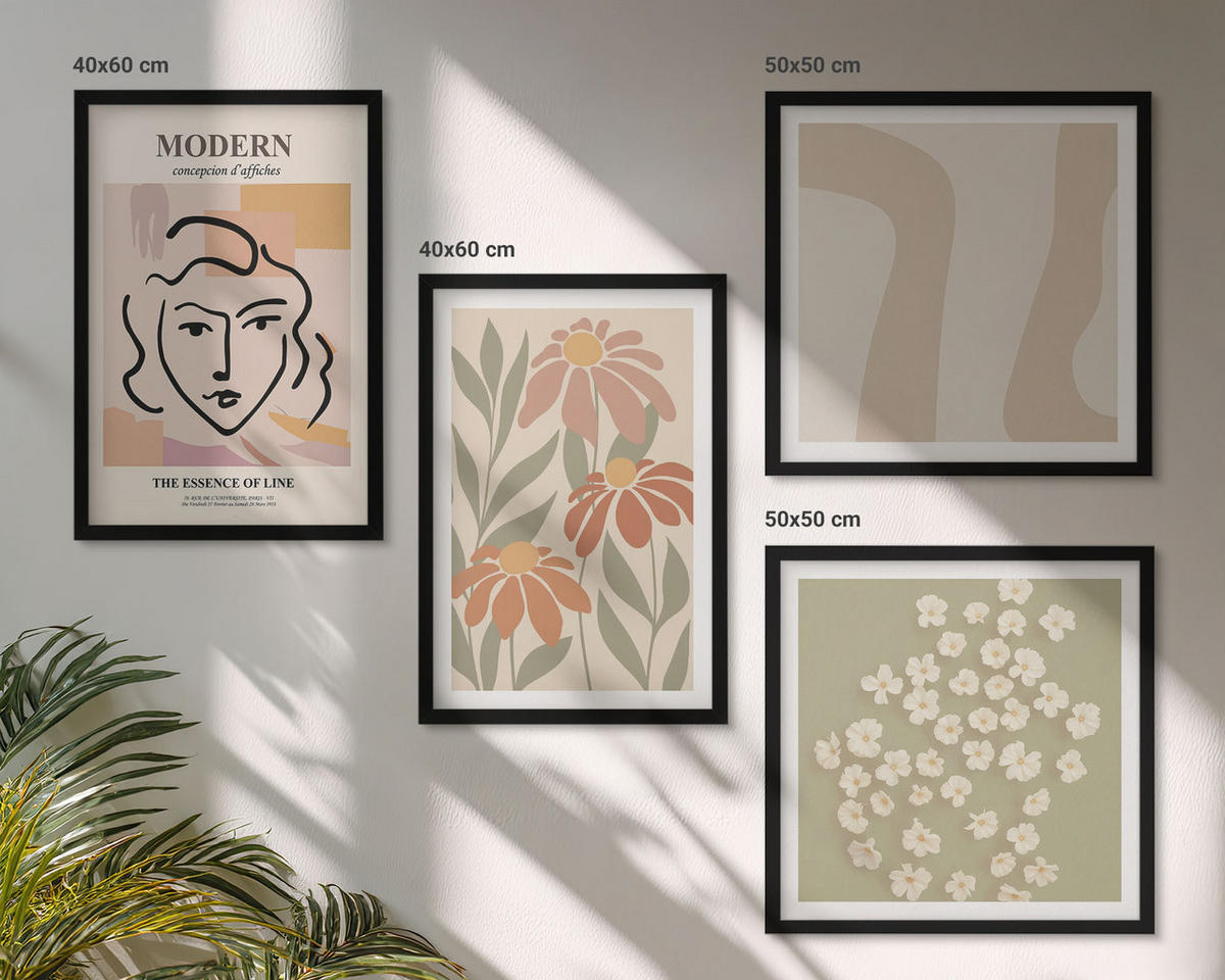 BILDER SET 4er Set - 50x50 cm & 40x60 cm Schwarzer Rahmen - Moderne abstrakte Frau - Schwarz, Kunststoff (50/50cm) - TULUP