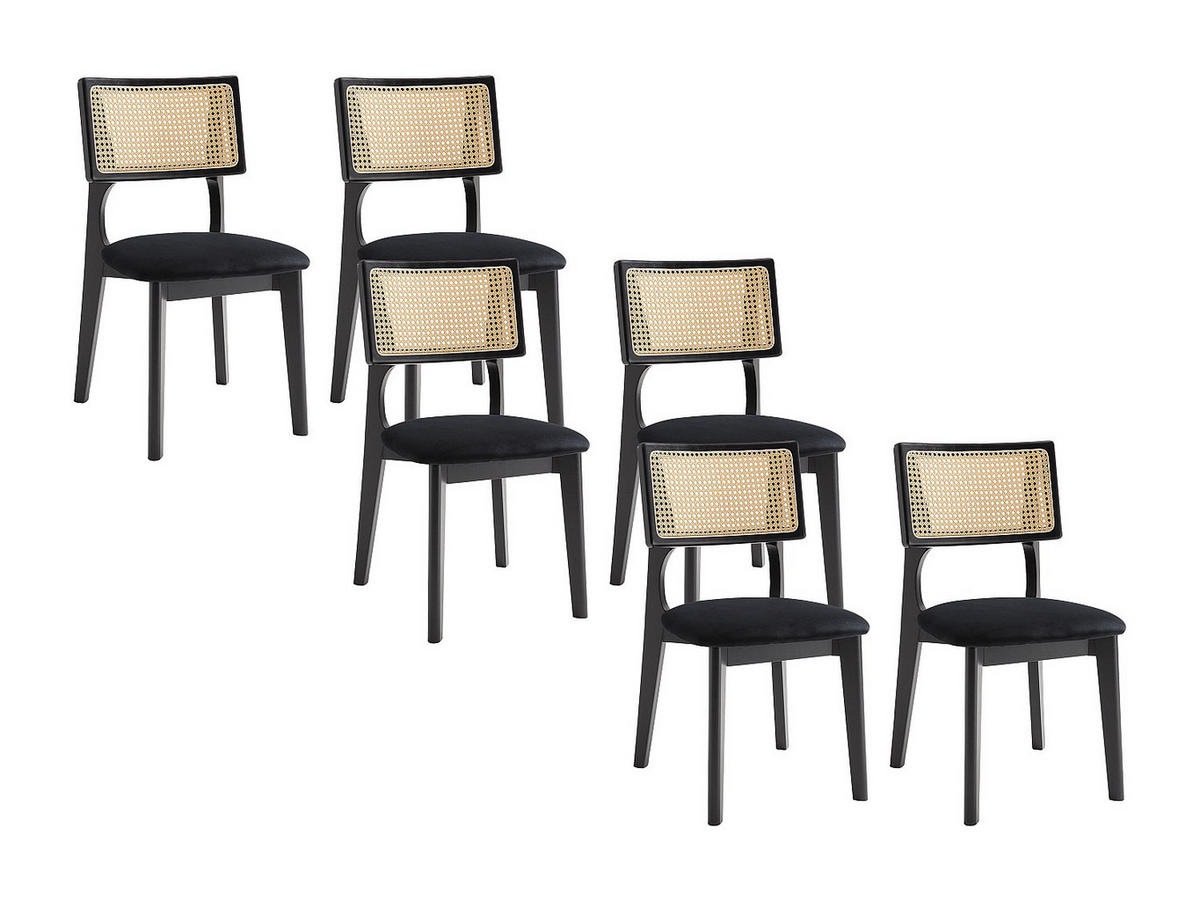6ER-SET Stühle - Samt - Rattaneffekt & Kautschukholz - Schwarz - CALENYA - Schwarz, Textil (50.5/85.5/48cm) - Vente-Unique