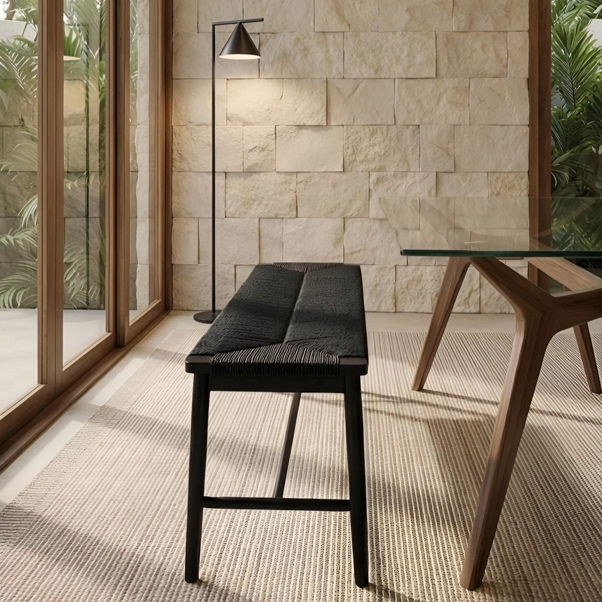 SITZBANK 110/35/47 cm Rattan / Eiche Schwarz - Schwarz, Holz/Papier (110/47/35cm) - Furnhouse