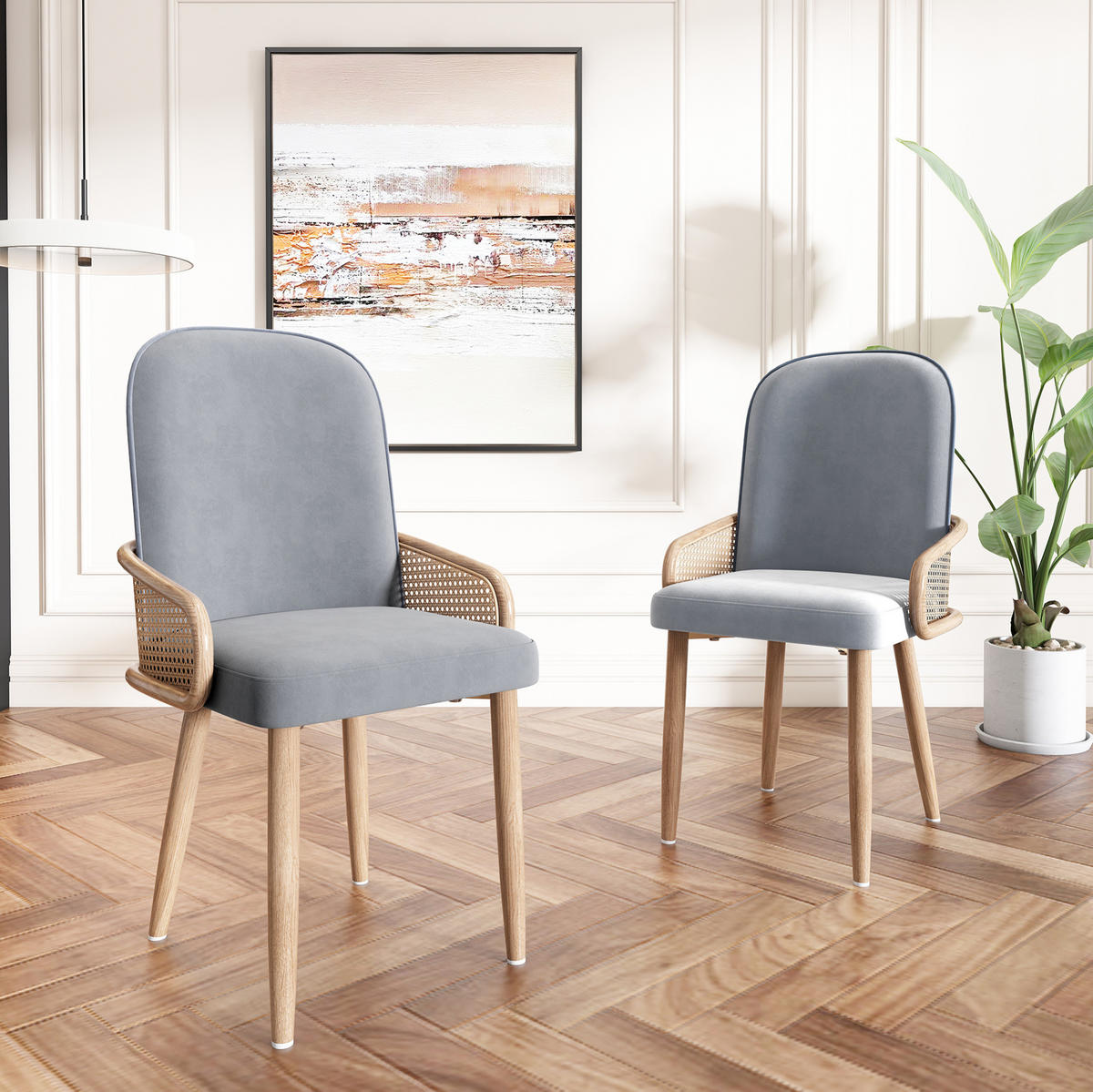 ESSZIMMERSTUHL 2er-Set Samt mit Rattan-Design Grau - Grau, Holz (43/90/41.1cm) - Meubliv