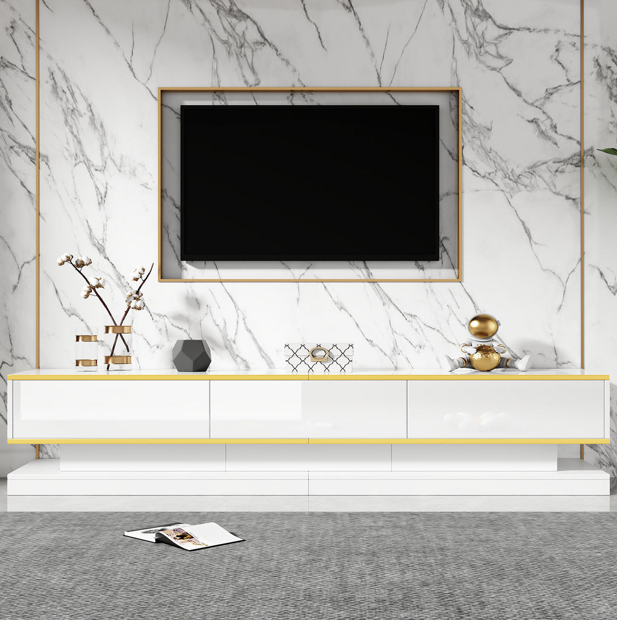 TV-LOWBOARD 200/40/40 cm mit 3 Schubladen, offenen Fächern und Hochglanzfront, Warmweiß mit Goldkante - Weiß, Holzwerkstoff (200/40/40cm) - Redom