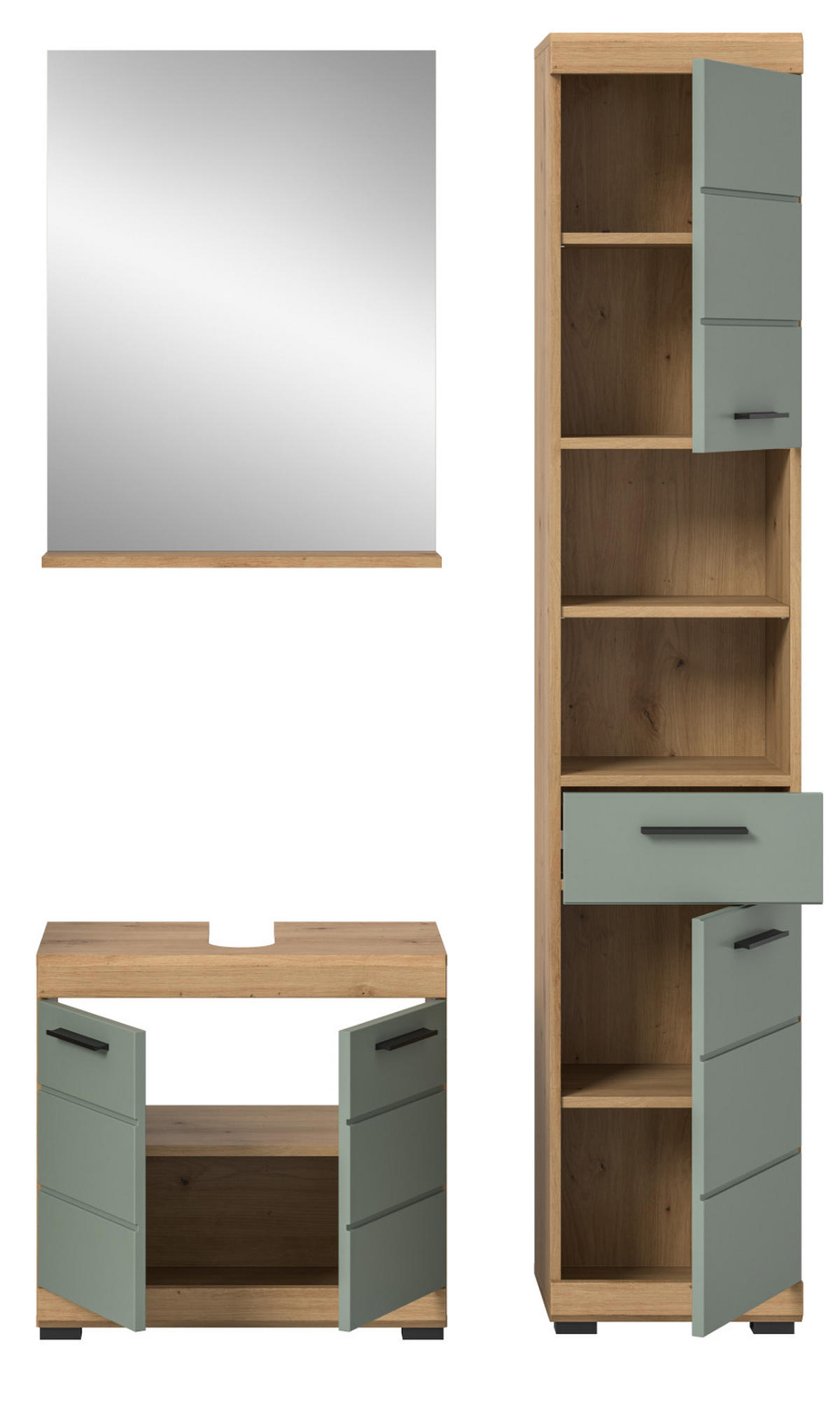 BADMÖBEL-SET Salbei grün, Eiche Artisan 3-teilig 112 cm, Komplettset mit viel Stauraum - Salbeigrün/Schwarz, Glas/Holzwerkstoff (112/191/34cm) - Inn.Furn