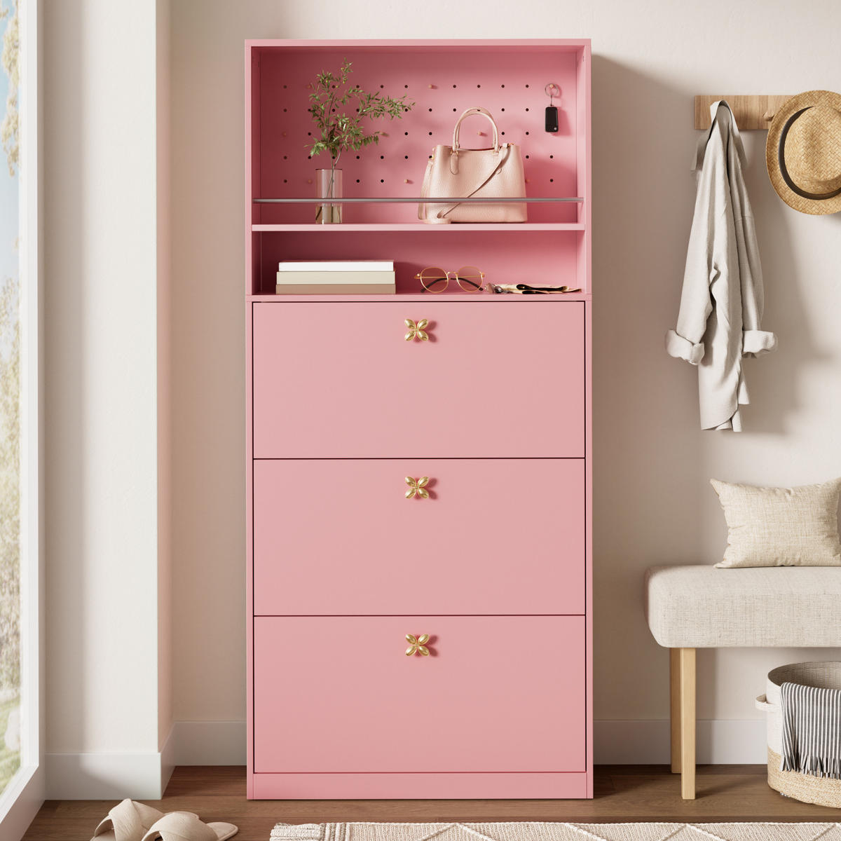 SCHUHSCHRANK 80x24x178.5cm Rosa mit 3 Klappen - Pink, Holzwerkstoff (80/178.5/24cm) - FLIEKS