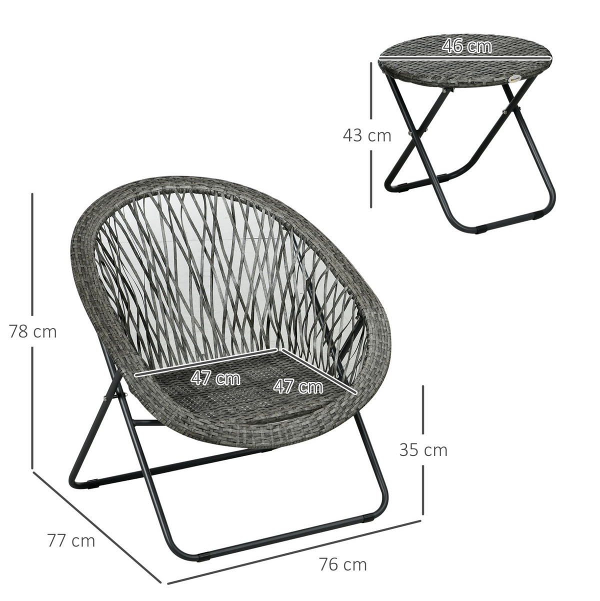 BALKONOVÝ set 76/77/78 cm šedý z umělého ratanu a oceli se skládacím stolkem a 2 židlemi - šedá, přírodní materiály (77/78/76cm) - OKWISH