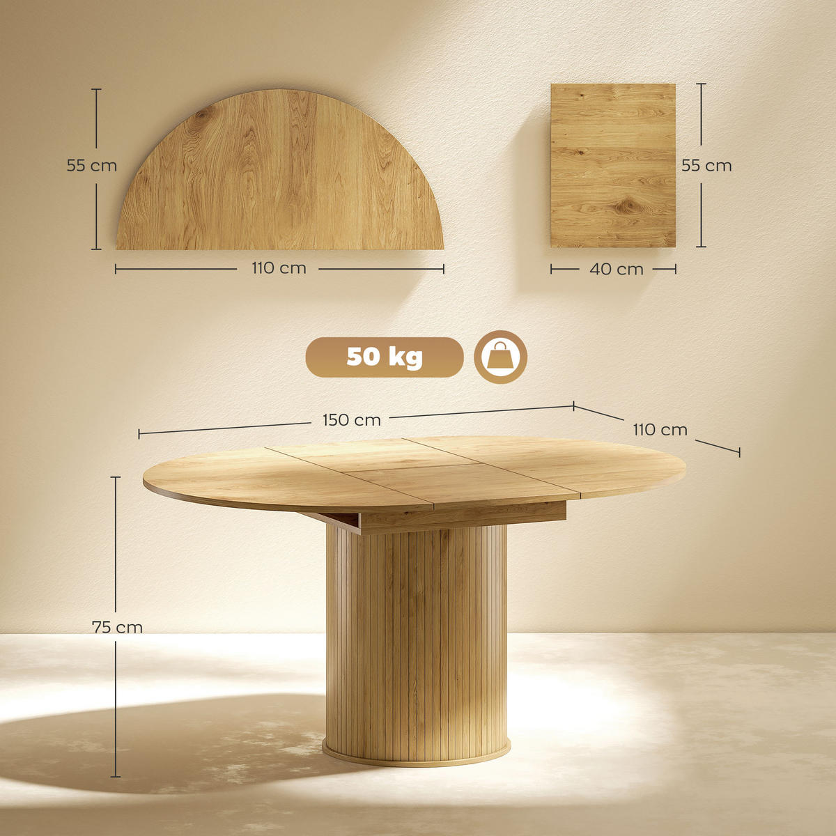 AUSZIEHTISCH Holzoptik Natur Säulenfuß 150/110/75 cm - Naturfarben, Holz (110/150/75cm) - PANGIVO