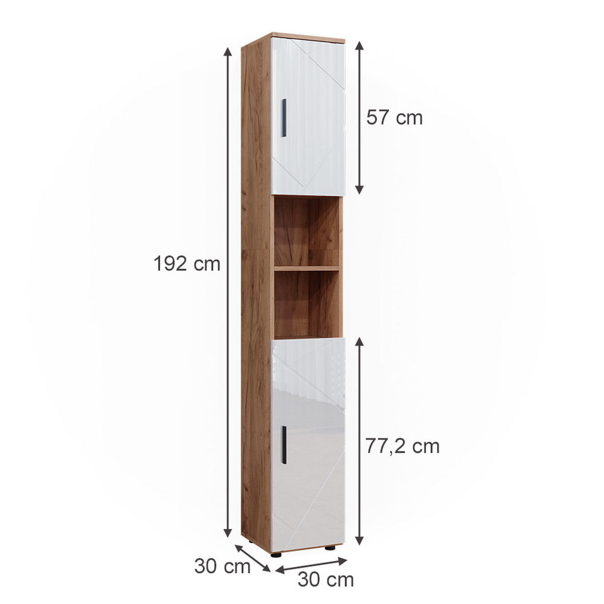 BADSCHRANK Irma Eiche 30 x 192 cm mit Türen, und offenen Fächern - Weiß Hochglanz, Holzwerkstoff (30/192/30cm) - Vicco
