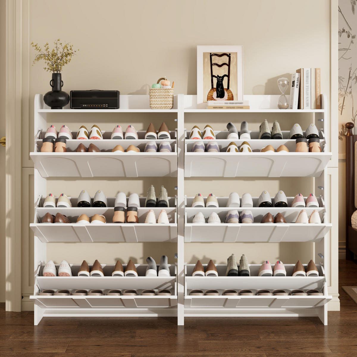 SCHUHSCHRANK 140/25/120 cm mit 6 Klapptüren und Schublade aus MDF, Weiß - Weiß, Holzwerkstoff (70/120/25cm) - Redom