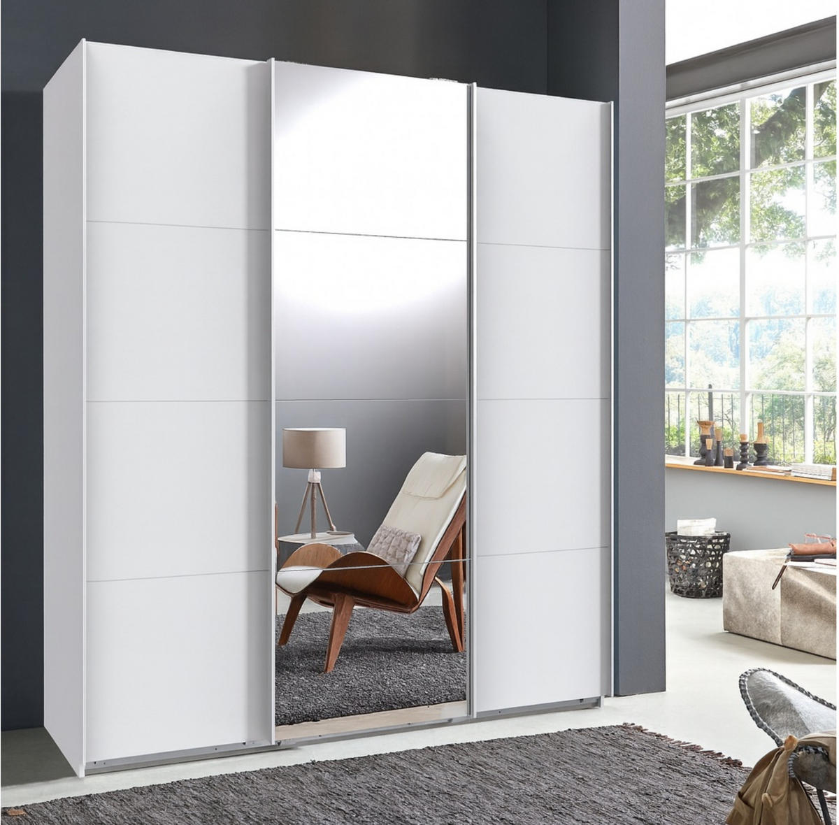 SCHWEBETÜRENSCHRANK 3-türig in Weiß, eine Tür mit Spiegel, B180/H208/T64 cm / 22511 - Weiß, Holzwerkstoff/Metall (180/208/64cm) - luma-home