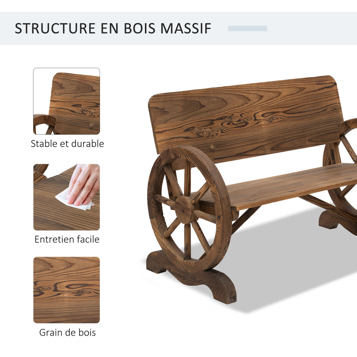 GARTENBANK DE-17761 3-Sitzer mit Wagenrädern & Lattenrost Carbonisiert - Braun, Holz (114/80/58cm) - ComfortXL