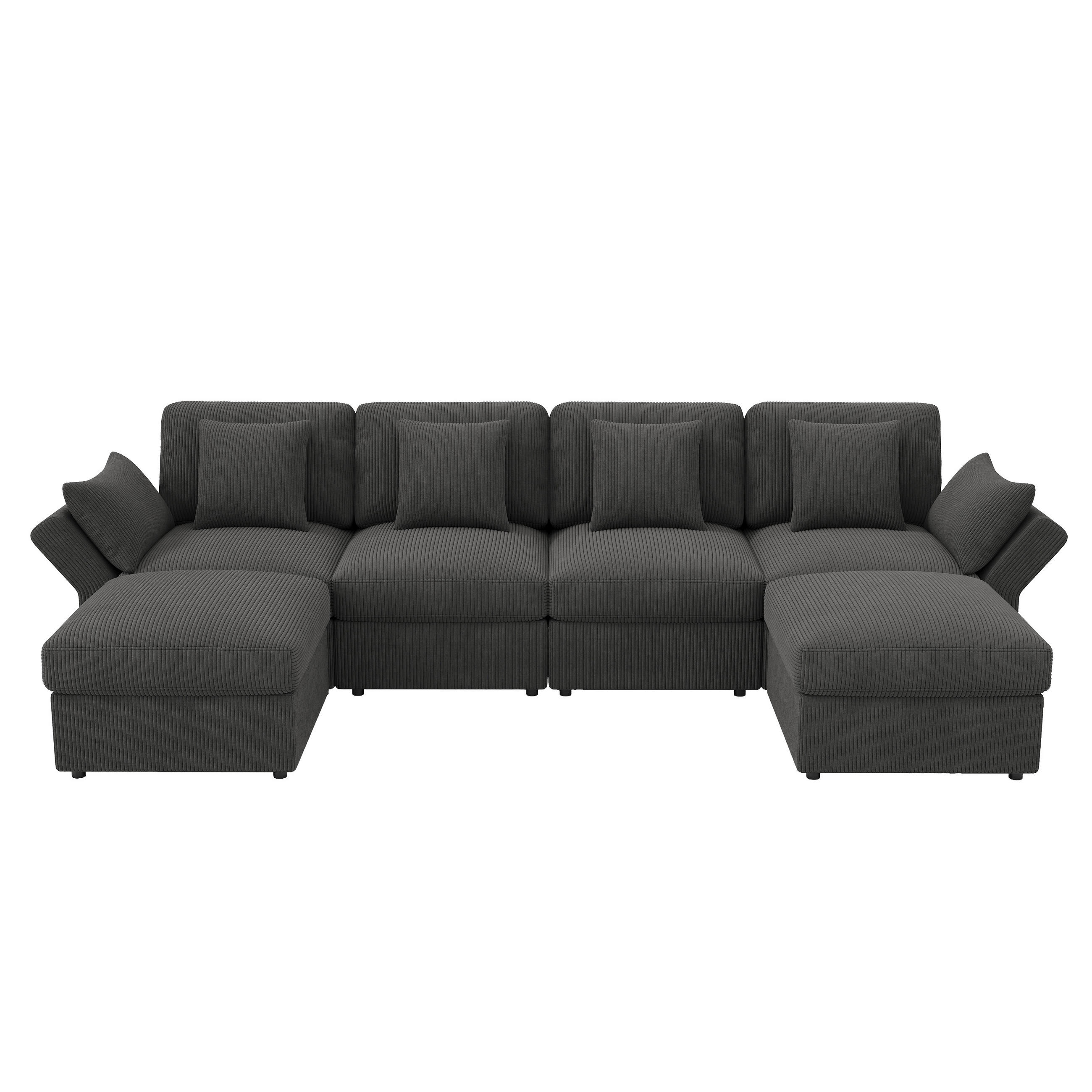 WOHNLANDSCHAFT Cord Grau mit verstellbaren Armlehnen und Hocker - Dunkelgrau, Kunststoff/Textil (290/89/159.5cm) - WISHDOR