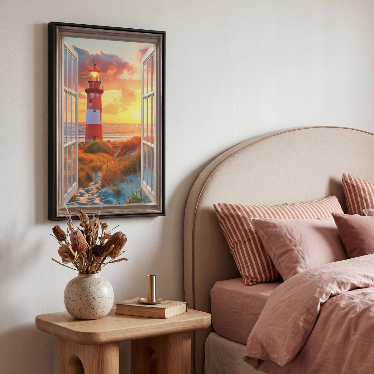 LEINWAND Bilder mit Rahmen - Aussicht - Fenster - Leuchtturm - Sonnenuntergang - Strand - 40x60 - Dunkelorange, Textil (40/60cm) - MuchoWow