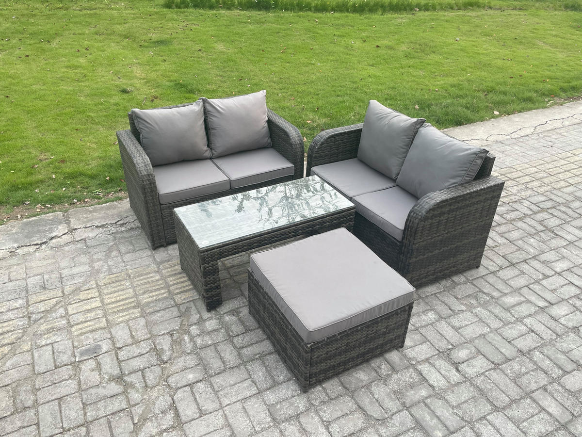 GARTENSOFA SET mit COUCHTISCH HOCKER Polyrattan 5-Sitzer - Dunkelgrau/Grau, Glas/Kunststoff - Fimous