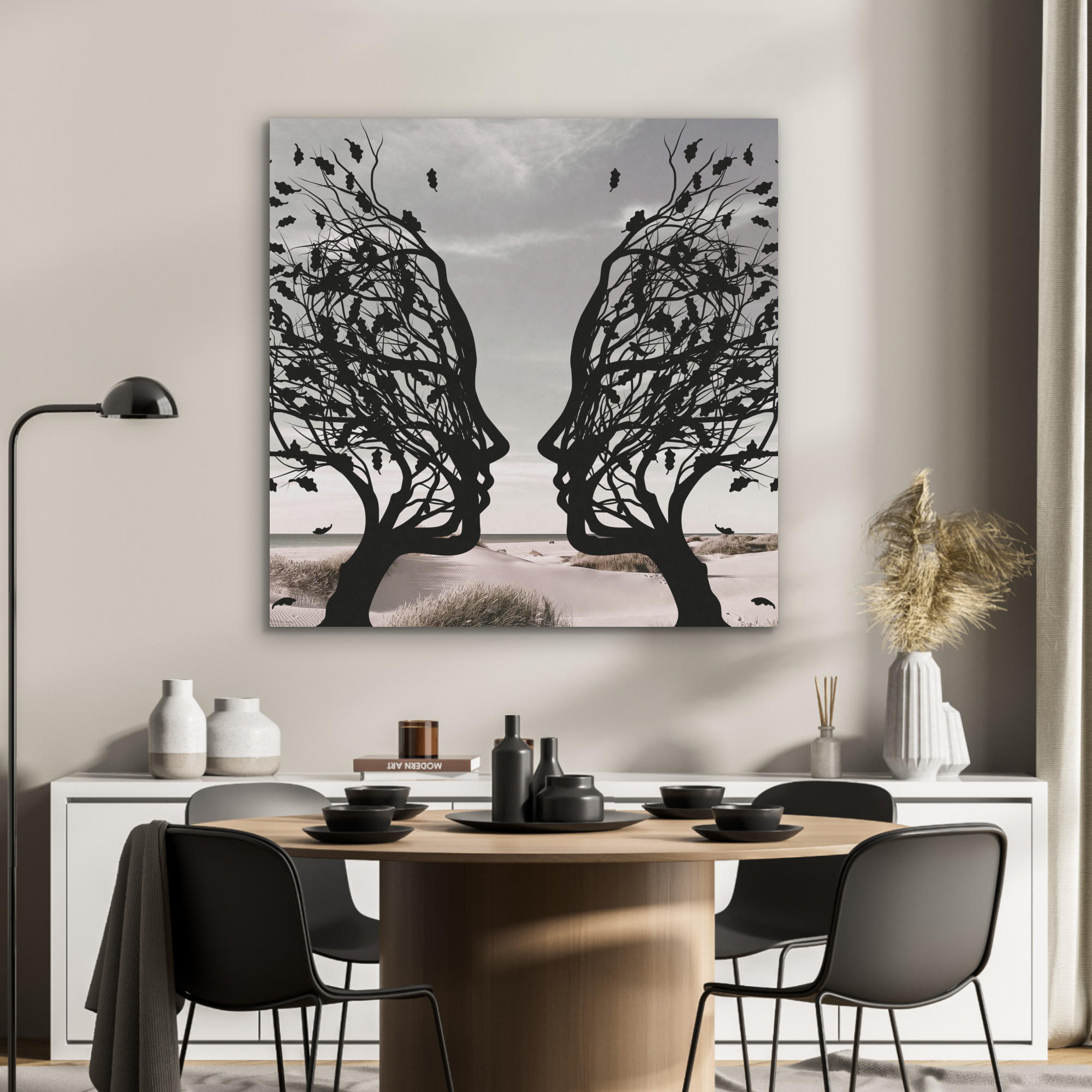 AKUSTIKPANEEL Strand - Meer - Menschen - Baum - Moderne Kunst 90x90 cm - Hellgrau, Textil (90/0.9/90cm) - MuchoWow