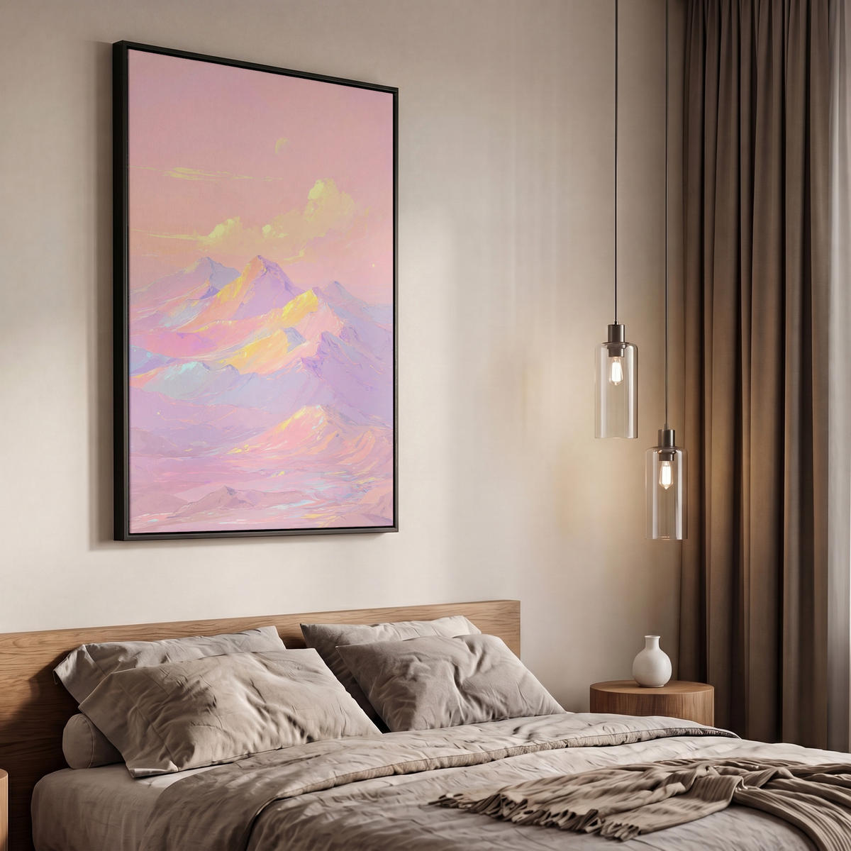 LEINWAND Bilder mit Rahmen - Berggipfel - Wolken - Verträumt - 60x90 - Hellrosa, Textil (60/90cm) - MuchoWow