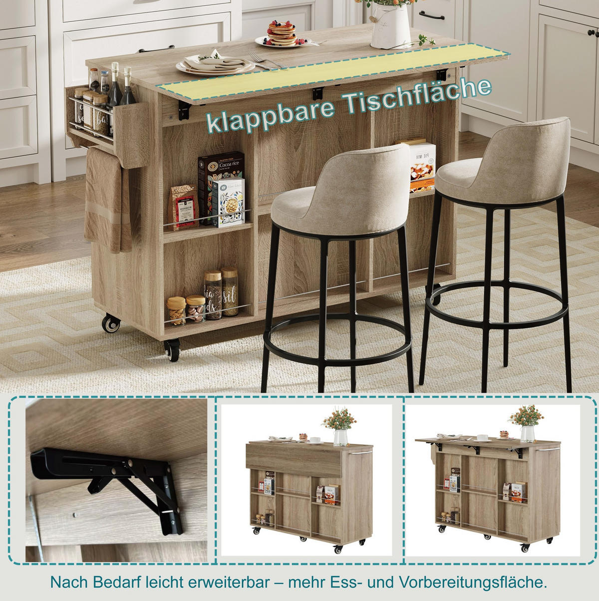 KÜCHENWAGEN mit klappbarer Arbeitsplatte 120 cm Natural - Naturfarben, Holz (67.5/92.8/136.5cm) - Beauniv