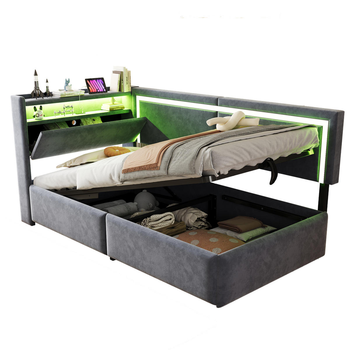 POLSTERBETT 90/200 cm grau aus Samt mit LED und USB Stauraum - Grau, Textil (90/200cm) - OKWISH