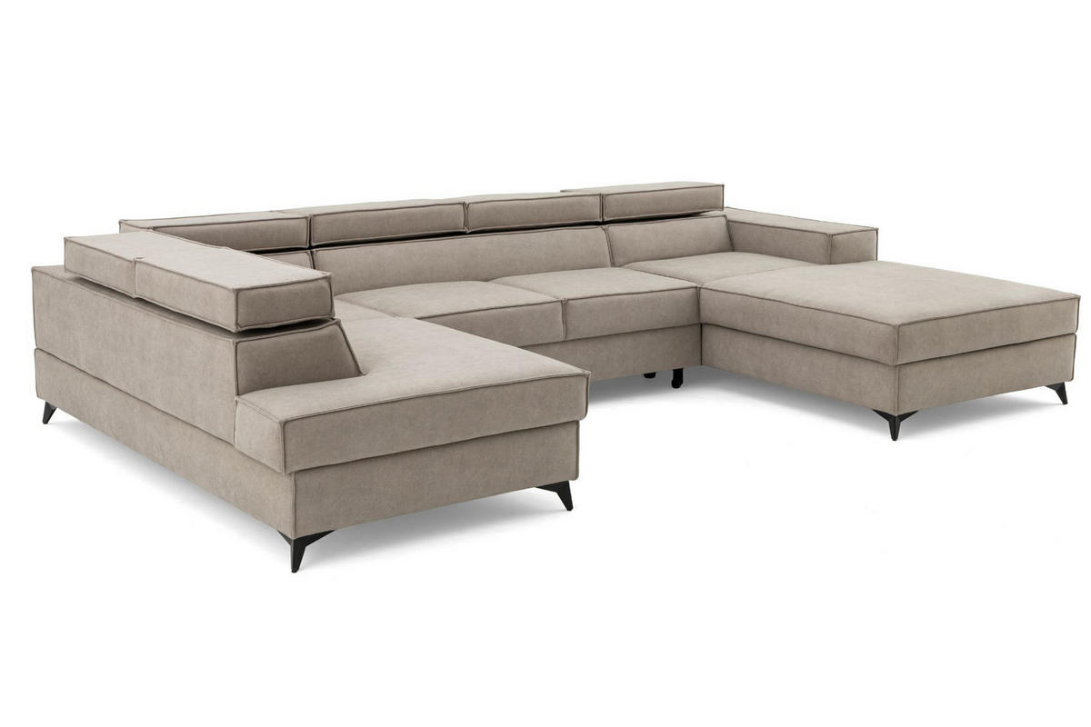 ECKSOFA PURE U Links mit Schlaffunktion 127x270 Velours Creme - Creme/Schwarz, Holz/Textil (340/204cm) - Muffo