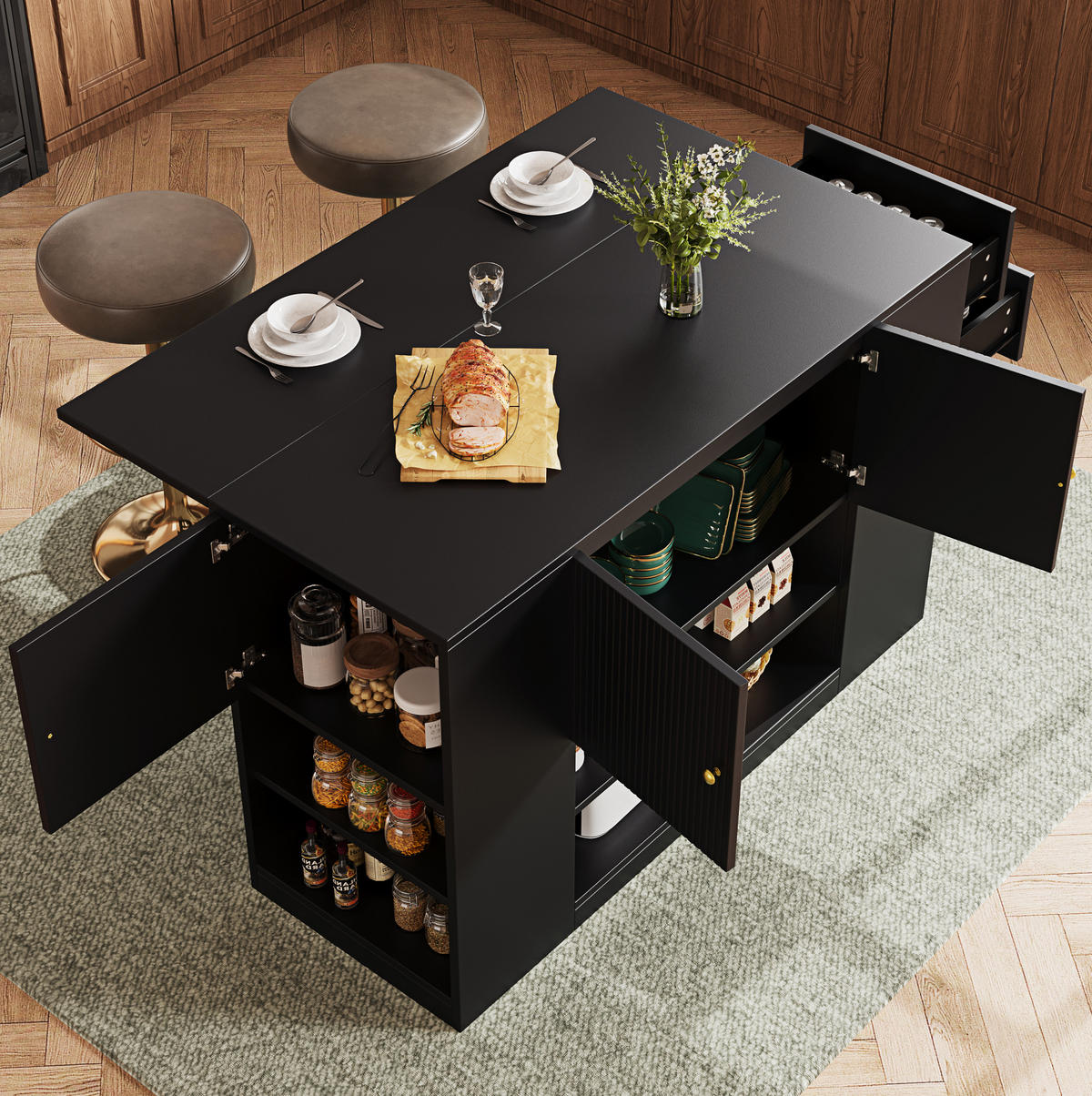 KÜCHENINSEL 140/40/90 cm schwarz mit klappbarer Tischplatte - Schwarz, Holzwerkstoff (140/90/70cm) - OKWISH