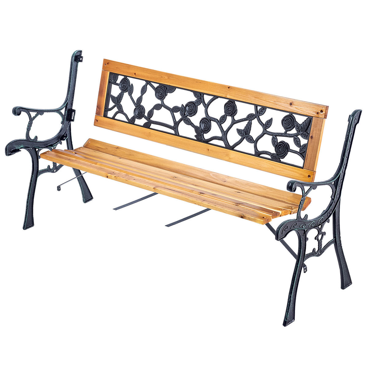 GARTENBANK aus Holz und Gusseisen, 2-Sitzer Holzbank mit Armlehnen & Rückenlehne - Hellbraun, Holz (52/73.5/127cm) - KADAX