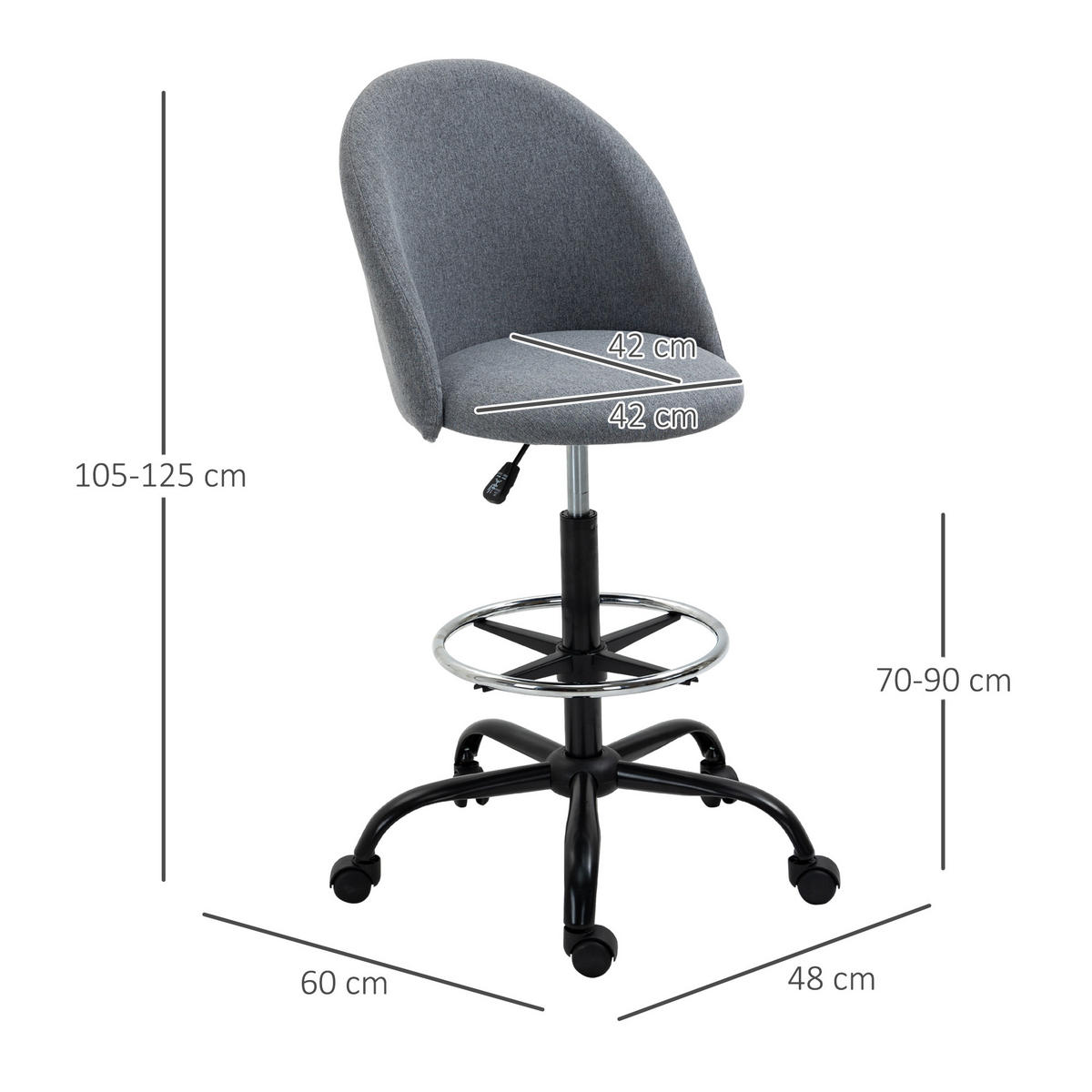 BÜROHOCKER DE-11652 höhenverstellbar 360° drehbar Grau - Grau, Textil (60/125/48cm) - ComfortXL